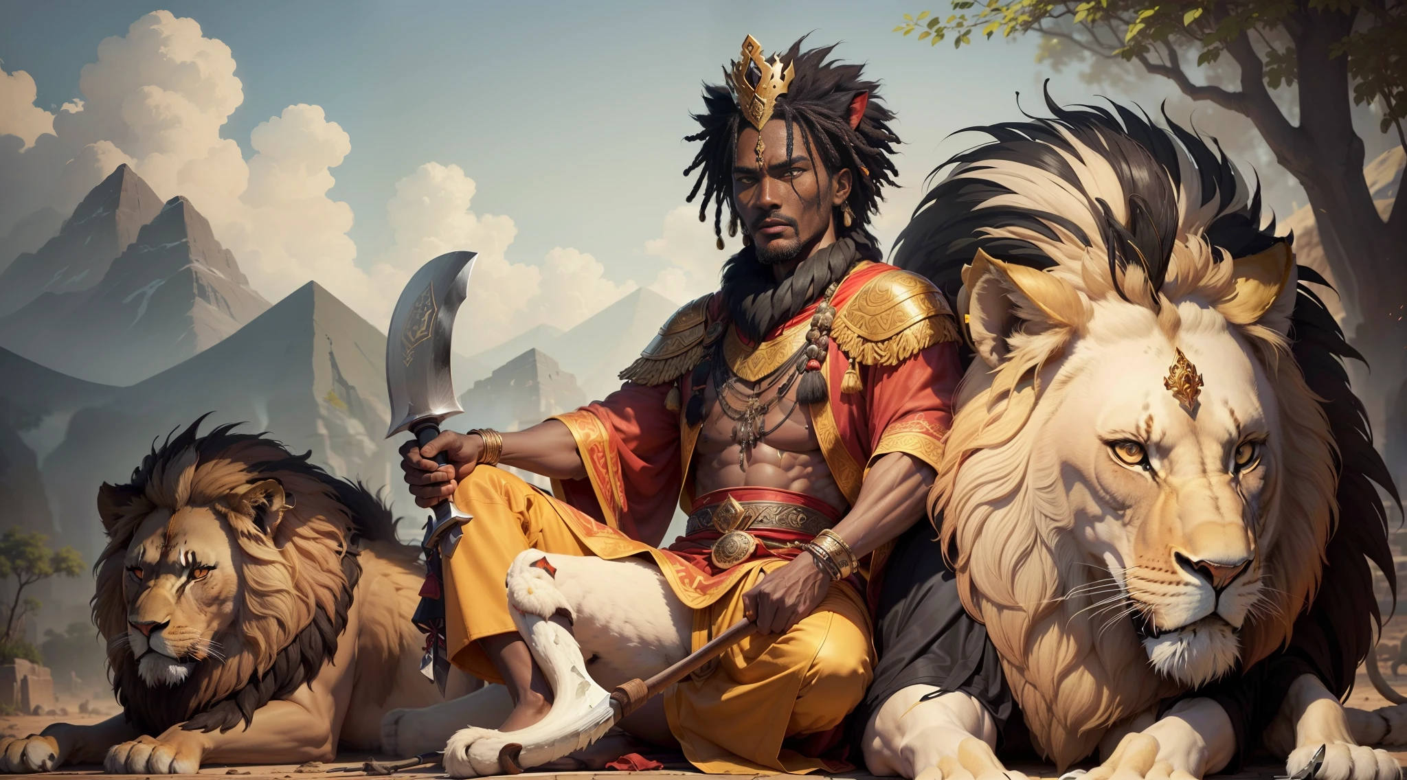 "Capture the real and dominant presence of Xangô, a 32-year-old man with black skin depicting a figure(( sitting on a throne,of stone,)) in an African village, with((( his faithful lion))) next to his throne adorned with majestic robes and a crown, short hair radiating authority and wisdom." clothes in colors ((((red and white, )))((( with a two-sided axe in hand)))