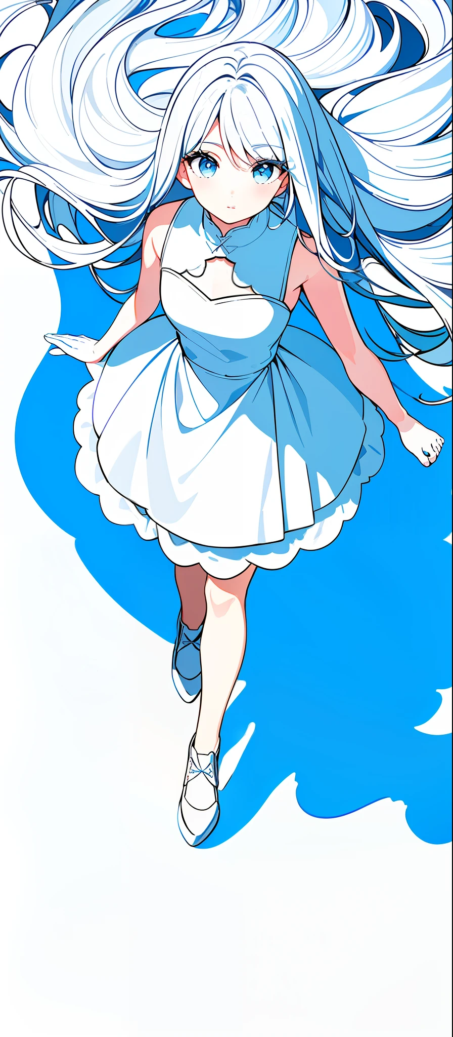 masterpiece,(best quality),(1girl) ,solo,(high contrast:1.2),(high saturation:1.2),((black and white dress)),looking at viewer,((white and light blue theme:1.3)),((white and light blue background:1.5)),white hair, blue eyes,((walking:1.3)),full body,black footwear,((the light blue water on sky and white cloud and day)),((from above:1.2)),Ink painting