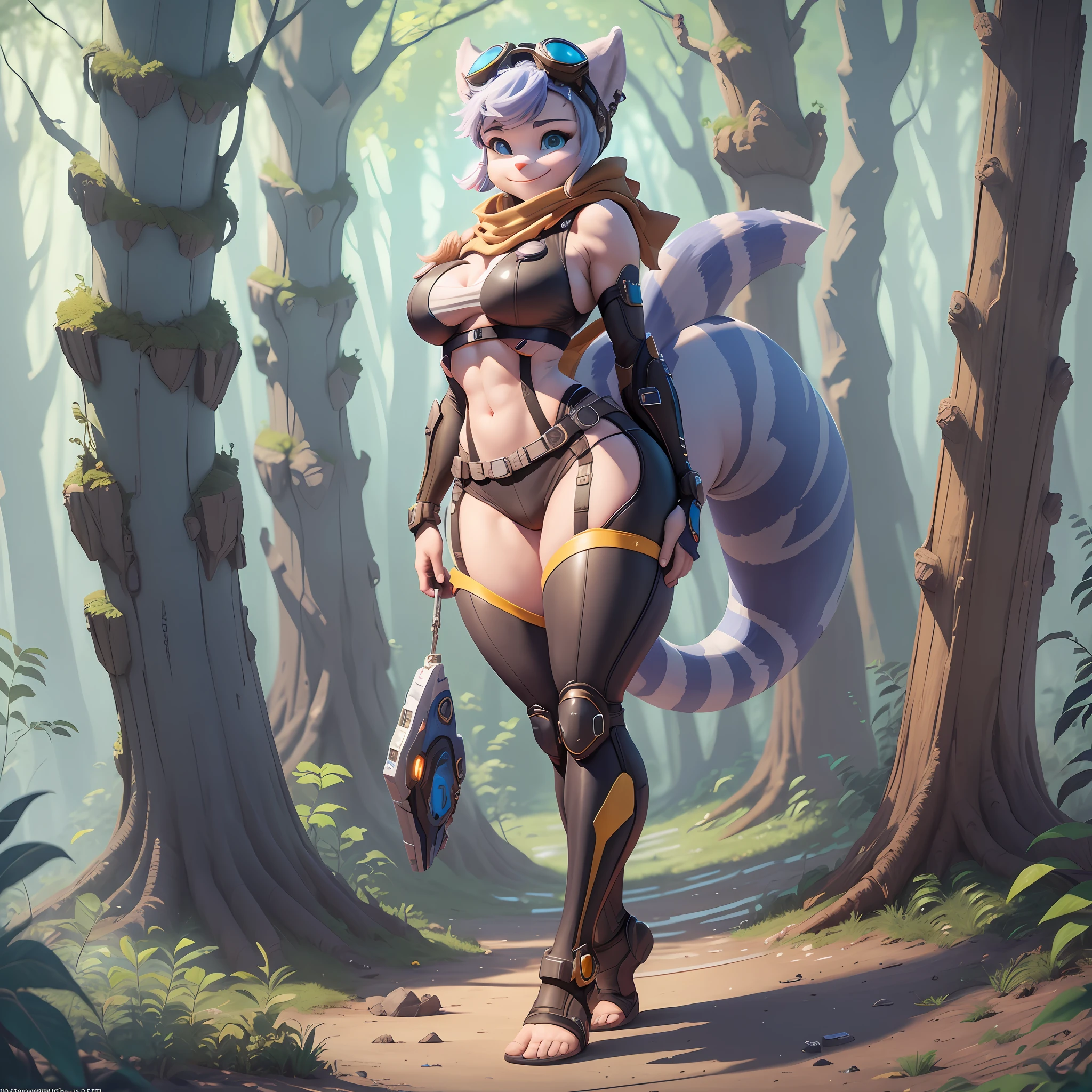 furry, rivetlombax, blue eyes, animal ears, earrings, goggles on head, bangs, mechanical arms, scarf, bikini, belt, tail, forest, smile, not human, ass big, cartoon style, cute, (breast:1.5) full body picture, thick thighs, (perfect body: 1,5), (camel toe: 1.7), barefoot, highres, spaceship