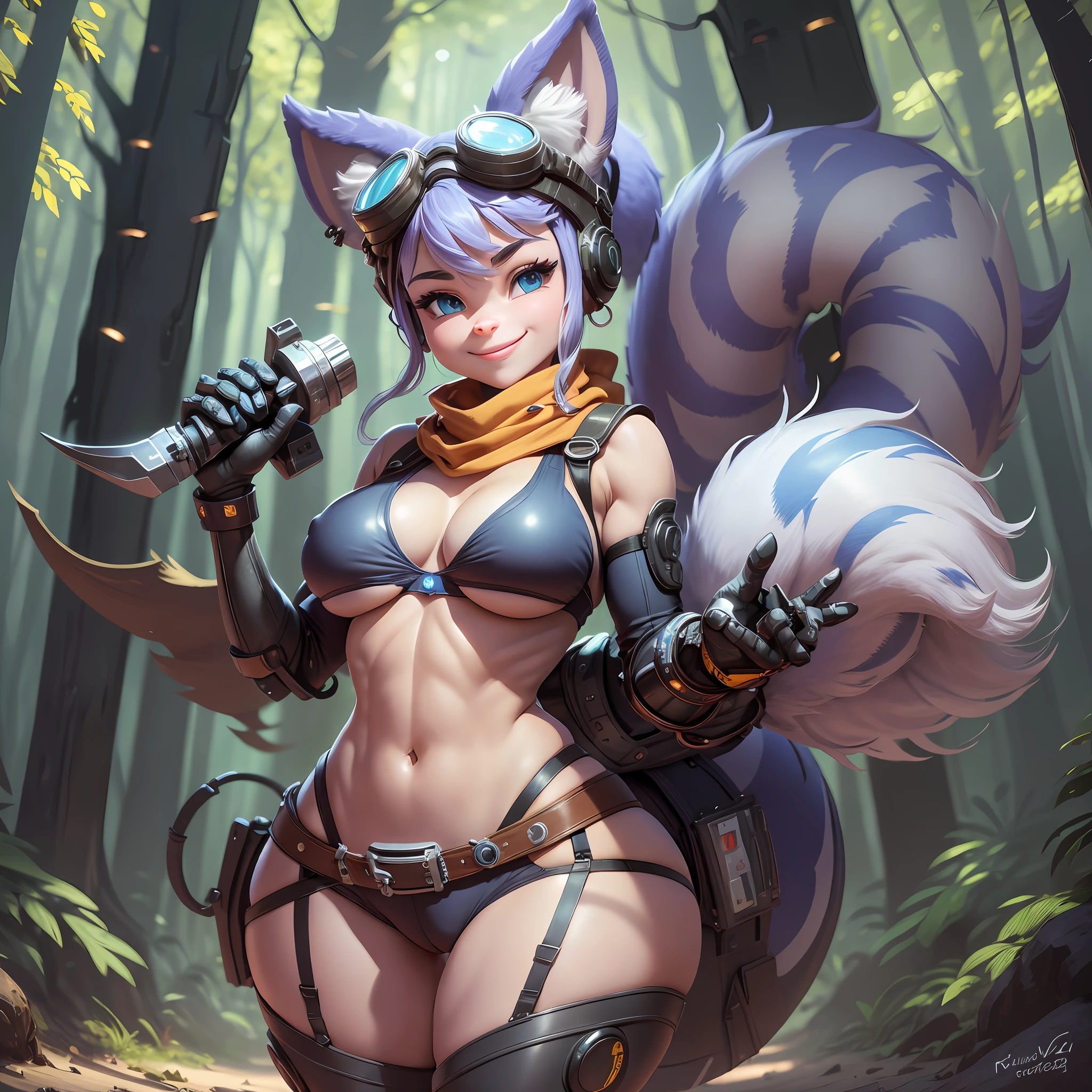 furry, rivetlombax, blue eyes, animal ears, earrings, goggles on head, bangs, mechanical arms, scarf, bikini, belt, tail, forest, smile, not human, ass big, cartoon style, cute, (breast:1.5) full body picture, thick thighs, (perfect body: 1,5), (camel toe: 1.7), barefoot, highres, spaceship