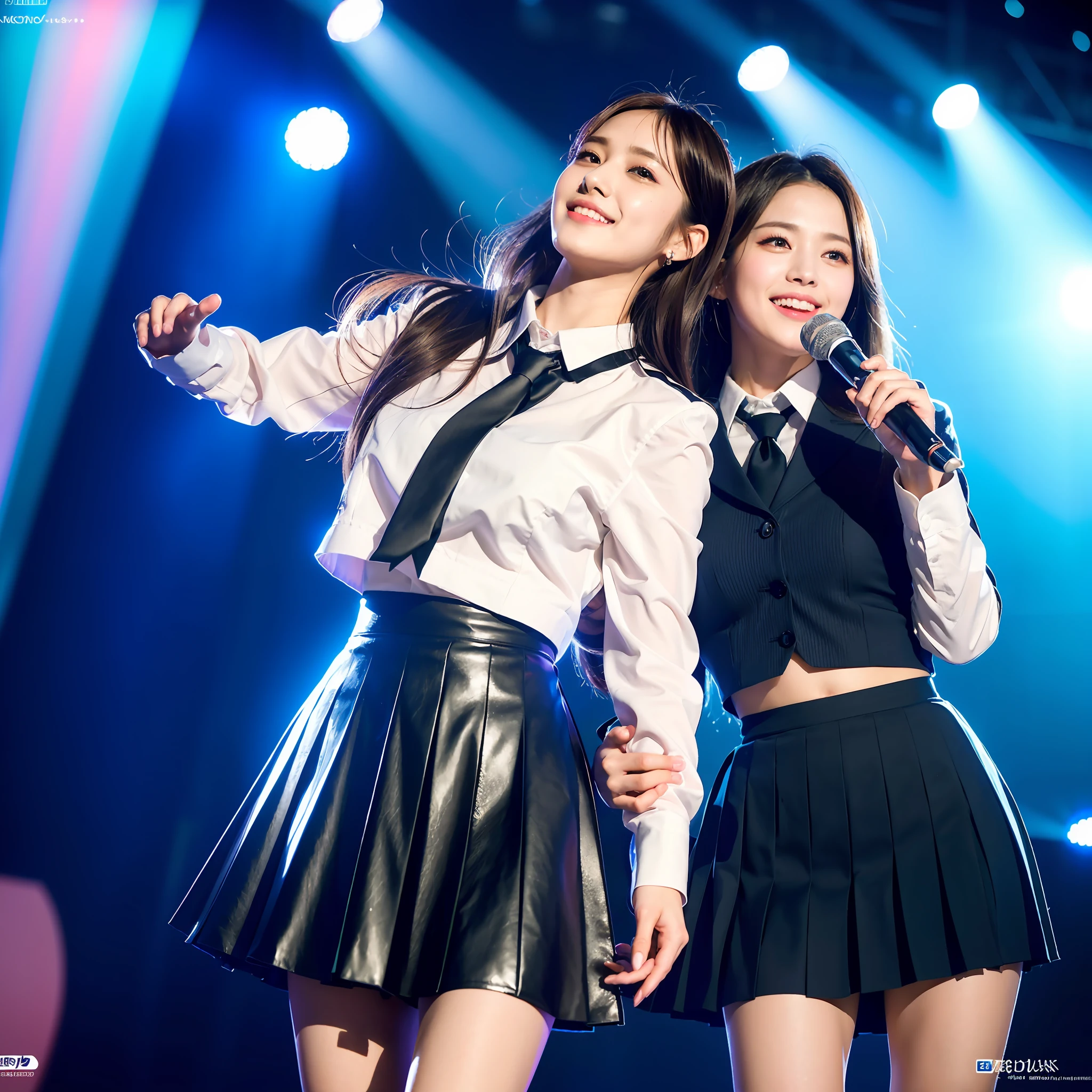 (8k, RAW photo, photorealistic: 1.25), (lip gloss, eyelashes, shiny face, shiny skin, slim body, small, Nogizaka 46, uniform idol, 18 years old, pleated skirt, concert, stage costume, best quality, ultra high resolution, depth of field, chromatic aberration, caustics, wide lighting, natural shading, jpop idol) Gentle and goddess-like happiness in the viewer, dynamic angles, dynamic poses