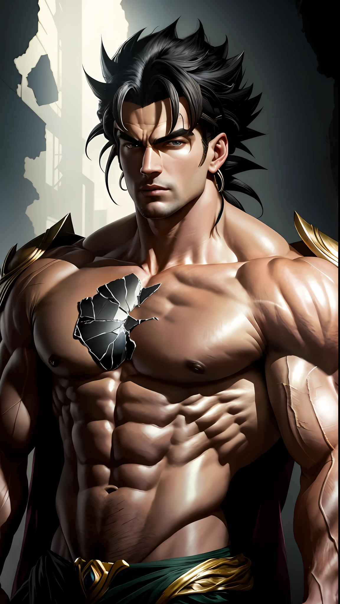 Broly 8k portrait muscular, intricate, close portrait, elegant, highly detailed,full body, majestic, digital photography, art by artgerm and ruan jia and greg rutkowski, black hair, beardless face, broken glass (masterpiece, side lighting, beautiful finely detailed eyes: 1.2 ), hdr,