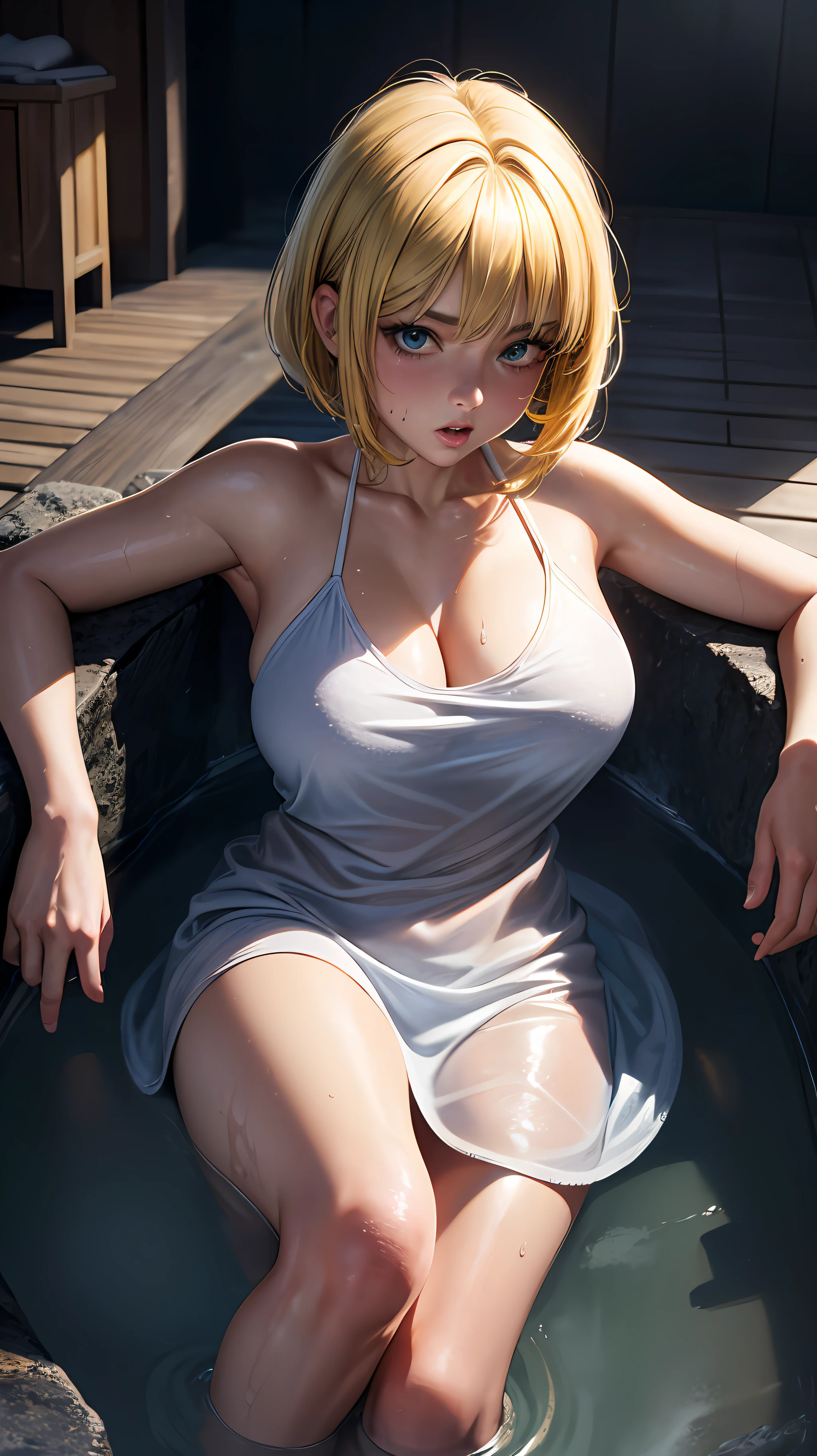 (hyper-realistic), (illustration), (high resolution), (8K), (extremely detailed), (best illustration), (beautiful detailed eyes), (best quality), (ultra-detailed), (masterpiece), (wallpaper), (detailed face), solo 1 girl, yellow hair, blue eyes, short hair, towel, sauna, wet, water, wet clothes, bath, hot springs, open legs