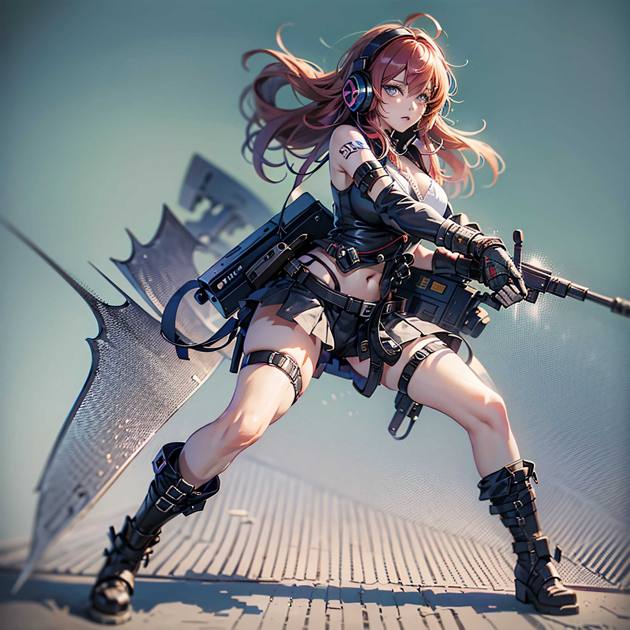 concept art, full body, anime girl with gun and headphones, kda, inspired by Rei Kamoi, inspired by Akihiko Yoshida, 2d anime style, black lagoon revy, black lagoon revy, maple story gun girl, inspired by Leiko Ikemura, akihiko yoshida!, in an anime style, female action anime girl, dramatic pose wielding gun, anime style character --auto --s2