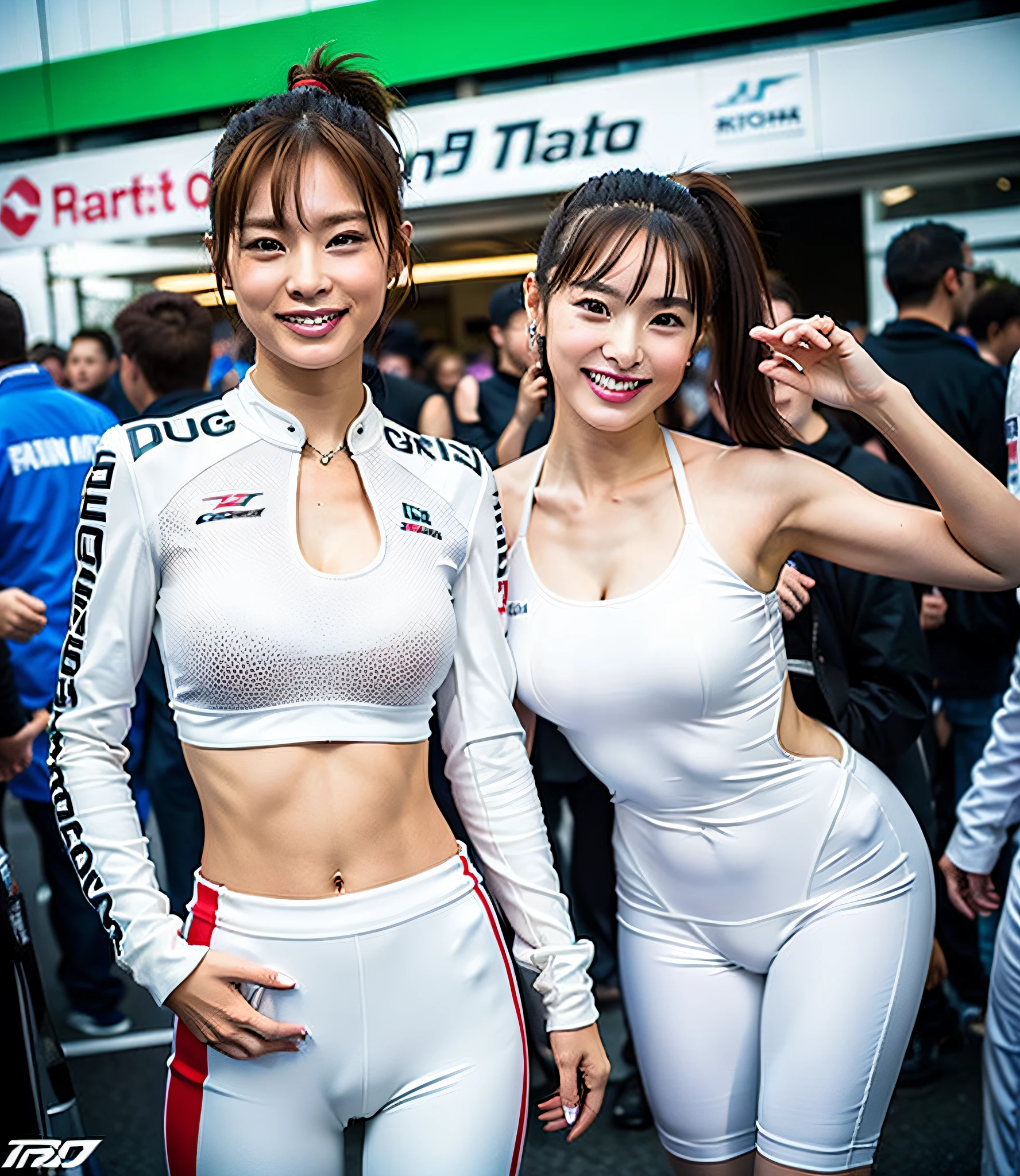 masterpiece, best quality, ultra detailed, 4kportrait, realperson, shoulders, absolute area (1.3), perfect face and big breasts, (photorealistic photos: 1.4), (1 girl), 1 woman, 20 years old, (standing), (white racing suit), smile, (brown short hair), ponytail hair (super detailed human face), (ultra detailed teeth), outdoor, (raceway), pit road, race car,