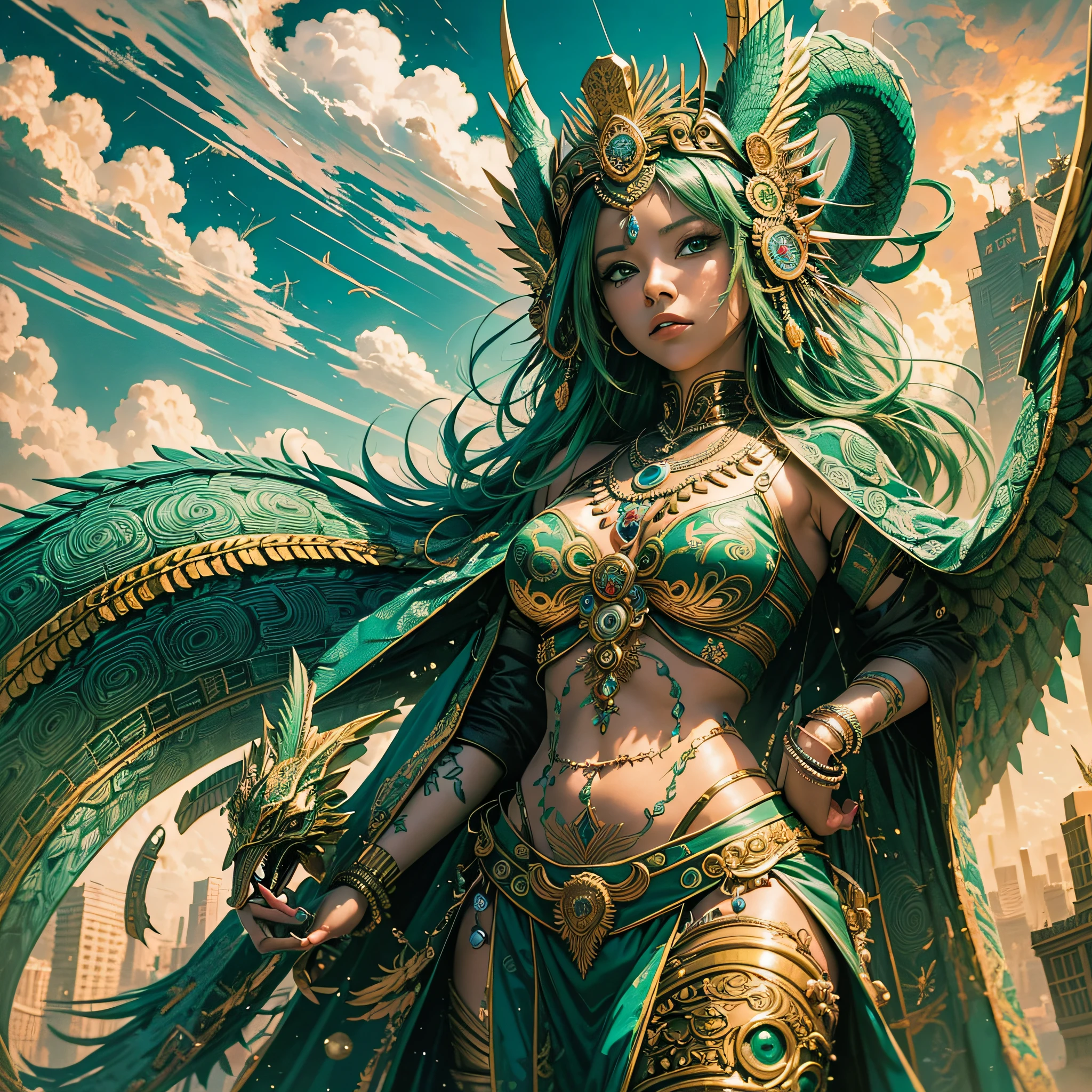 Masterpiece, best quality, {best quality}, {{masterpiece}}, {highres}, anime, 1girl, Quetzalcoatl, Kukulkan, Serpent God, sky, thunder, Aztec --auto --s2