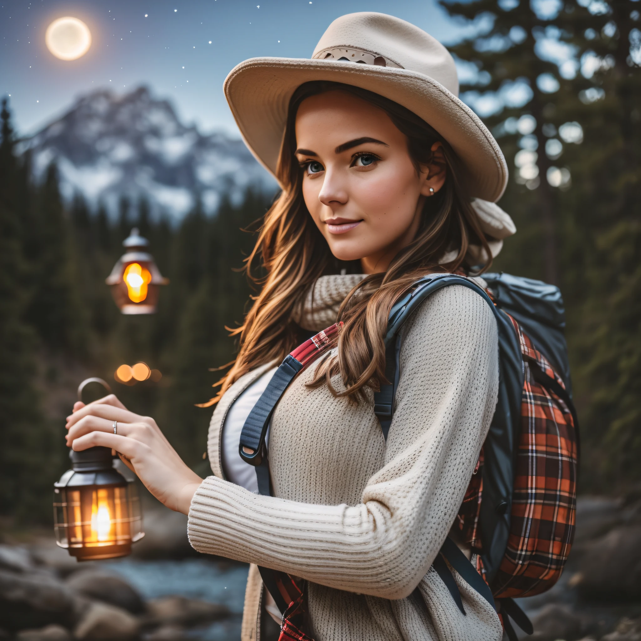 attractive nordic woman, shy, ((upper body selfie, innocent)), masterpiece, best quality, ultra-detailed, solo, outdoor, (night), mountains, nature, (stars, moon) , shy, backpack, sleeping bag, camping stove, water bottle, country boot, country hat, red plaid shirt long sleeve open, lantern, forest, rocks, river, wood, smoke, shadows, contrast, clear sky, style, (warm hue, warm tone: 1.2), close-up, cinematic light, side lighting, ultra high resolution, best shadow, RAW, upper body, wearing lingerie, seductive look, huge breasts, 4k, open neckline, sexy --auto --s2