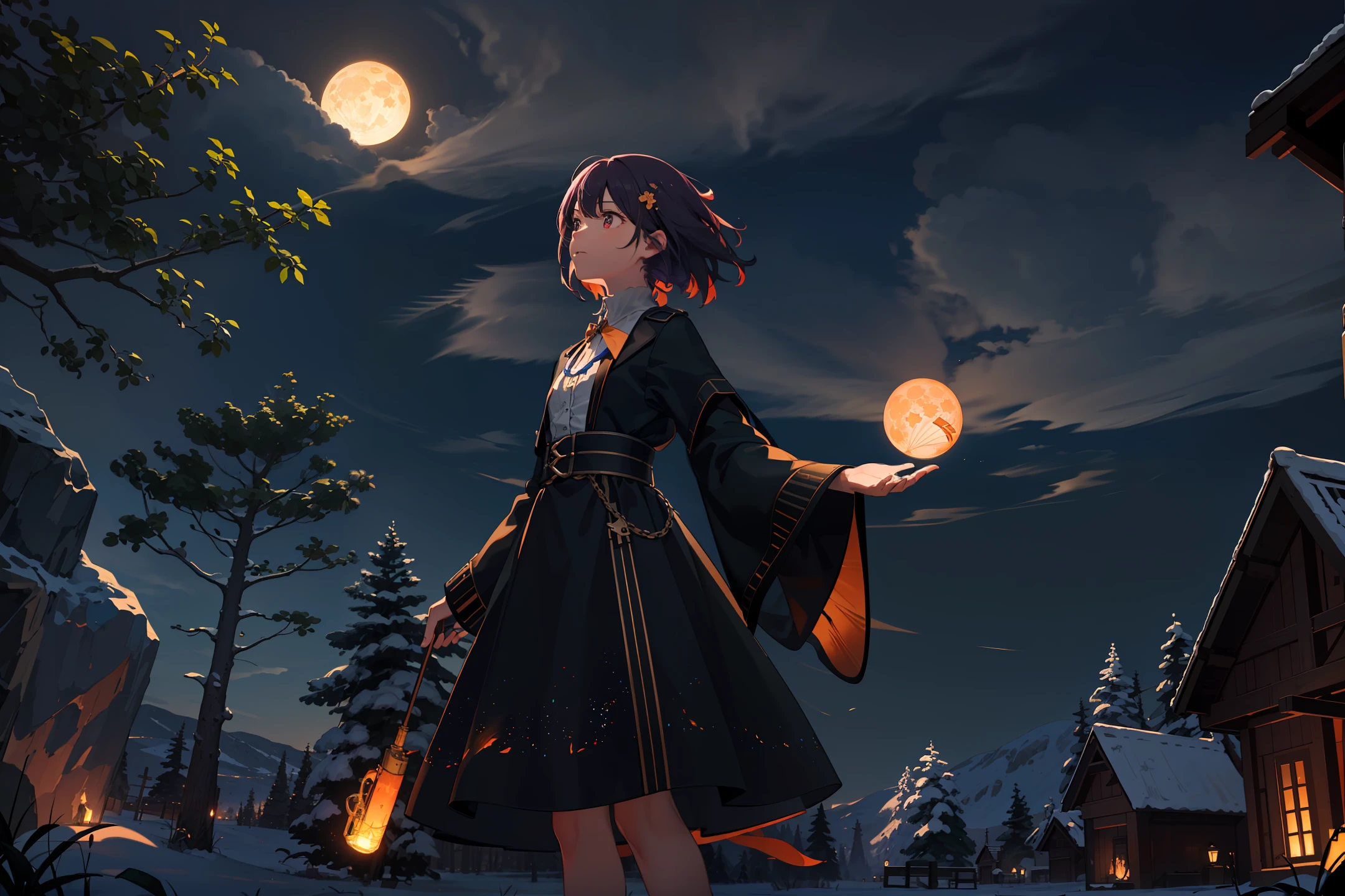 A wide landscape photo, (viewed from below, the sky is above, and the open field is below), a girl standing on a flower field looking up, (full moon: 1.2), (meteor: 0.9), (nebula: 1.3), distant mountains , Trees BREAK Crafting Art, (Warm Light: 1.2), (Firefly: 1.2), Lights, Lots of Purple and Orange, Intricate Details, Volumetric Lighting BREAK (Masterpiece: 1.2), (Best Quality), 4k, Ultra Detailed, (Dynamic Composition: 1.4), Rich in Detail and Color, (Rainbow Color: 1.2), (Glow, Atmospheric Lighting), Dreamy, Magical, (Solo: 1.2)