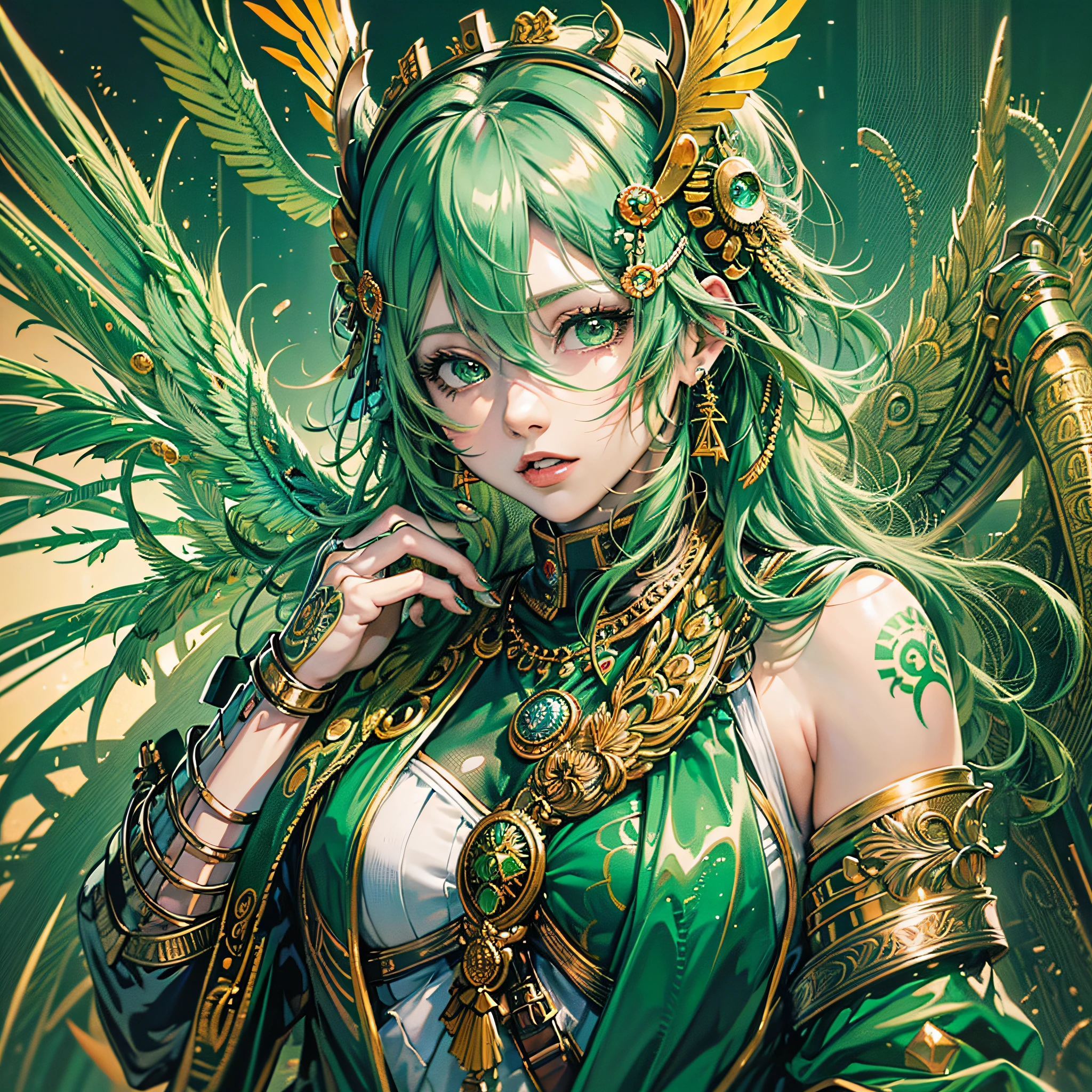 Masterpiece, best quality, {best quality}, {{masterpiece}}, {highres}, anime, 1girl, green hair, green wings, green feathers, exotic, Quetzalcoatl, Kukulkan, Serpent God, Aztec --auto --s2
