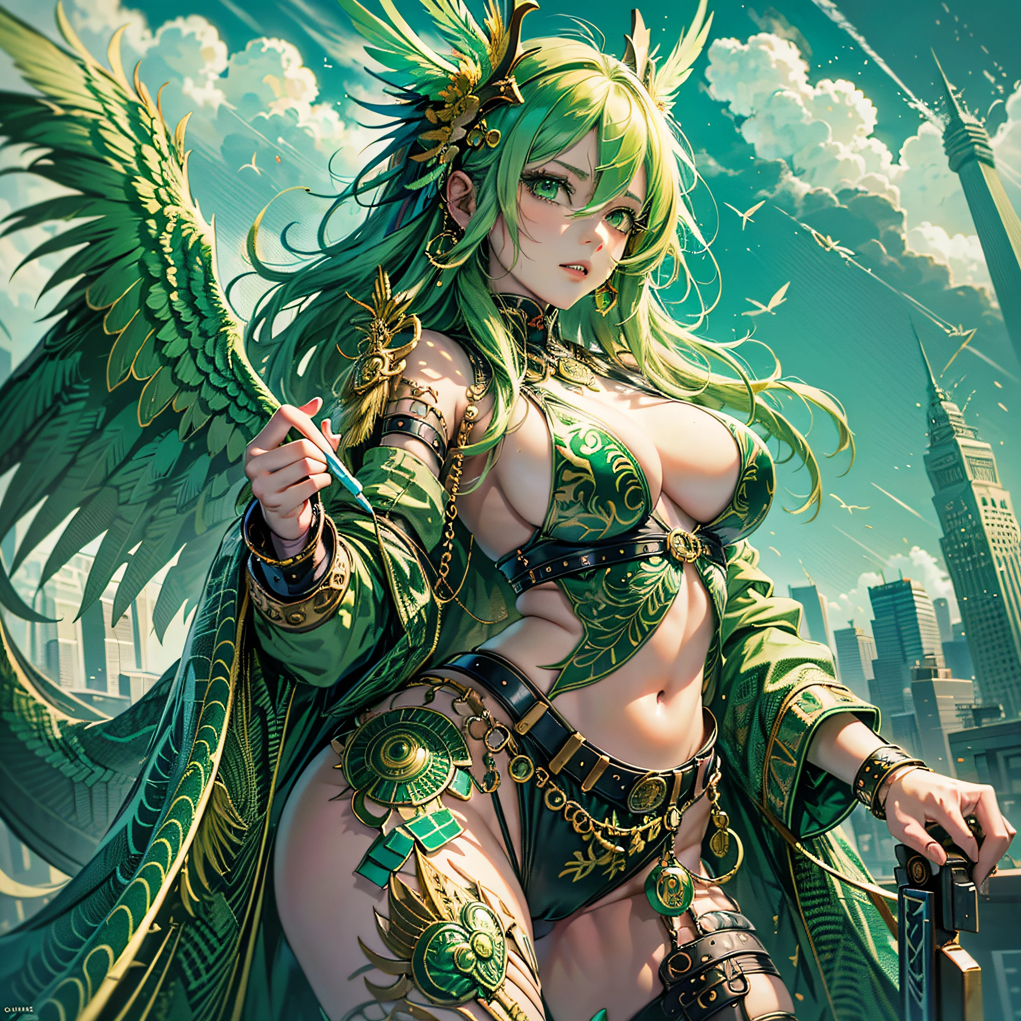 Masterpiece, best quality, {best quality}, {{masterpiece}}, {highres}, anime, 1girl, green hair, green wings, green feathers, exotic, Quetzalcoatl, Kukulkan, Serpent God, Aztec --auto --s2