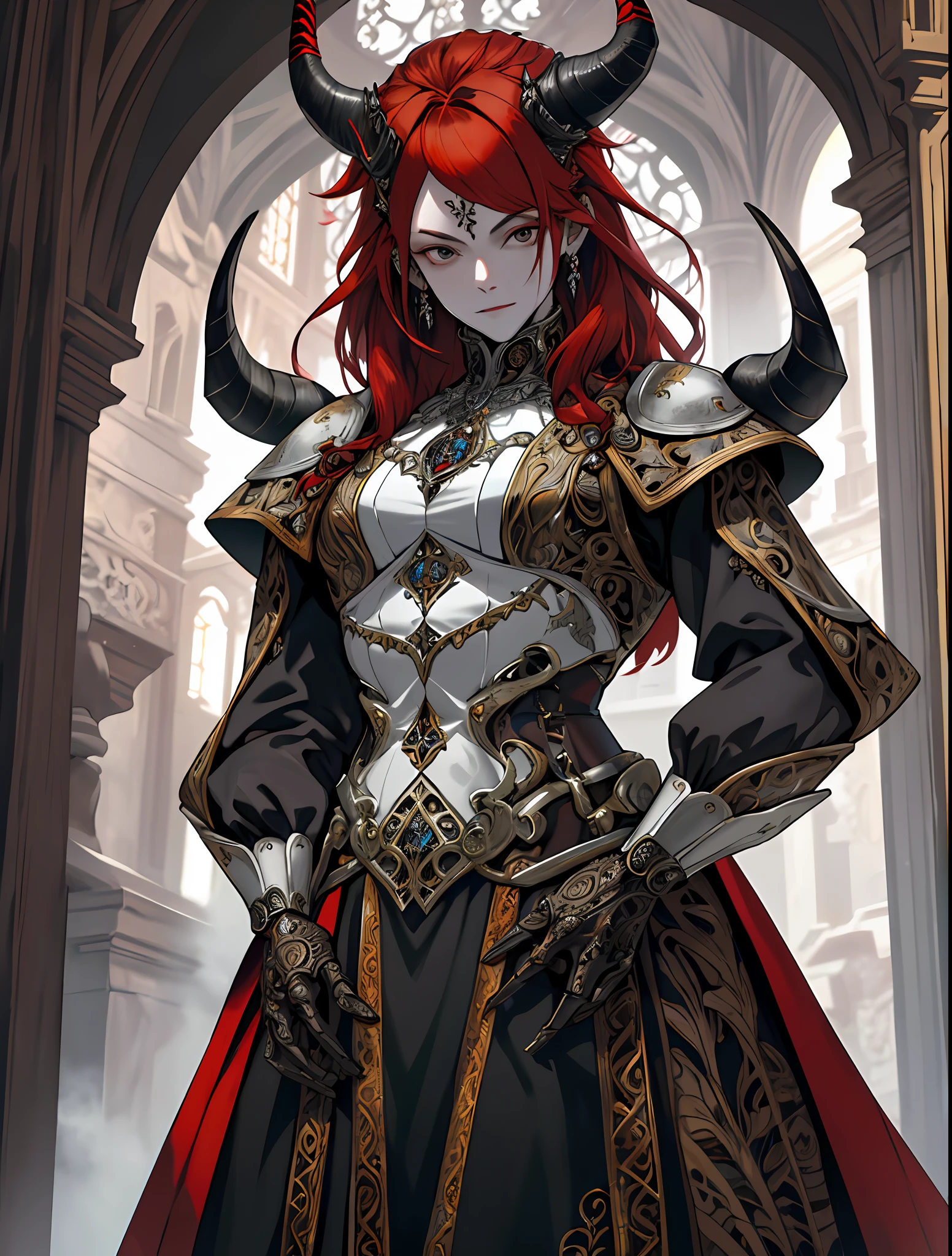 ((raw photo)), ((masterpiece)), anthropomorphic humanoid DemonWoman wearing medieval noble clothing, intricate detail, futobot, intricate Greebles pieces, portal behind,, black eyes, red hair, very white skin, large horns, adult