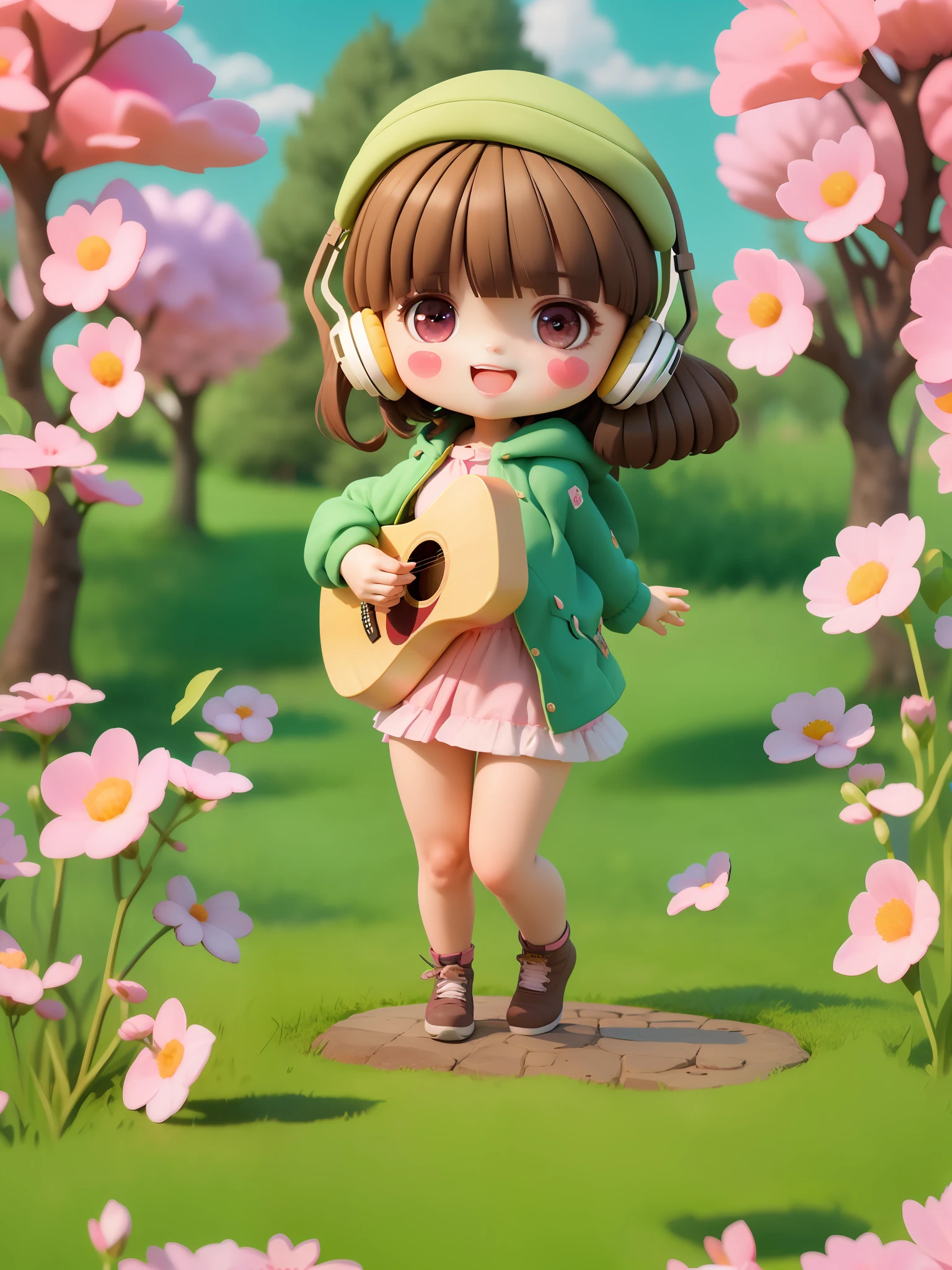 (masterpiece),(best quality),(ultra-detailed), (full body:1.2), 1girl,chibi,cute, smile, open mouth, flower, outdoors, playing guitar, music, beret, holding guitar, jacket, blush, tree, :3, shirt, short hair, cherry blossoms, green headwear, blurry, brown hair, blush stickers, long sleeves, bangs, headphones, black hair, pink flower, (beautiful detailed face), (beautiful detailed eyes),