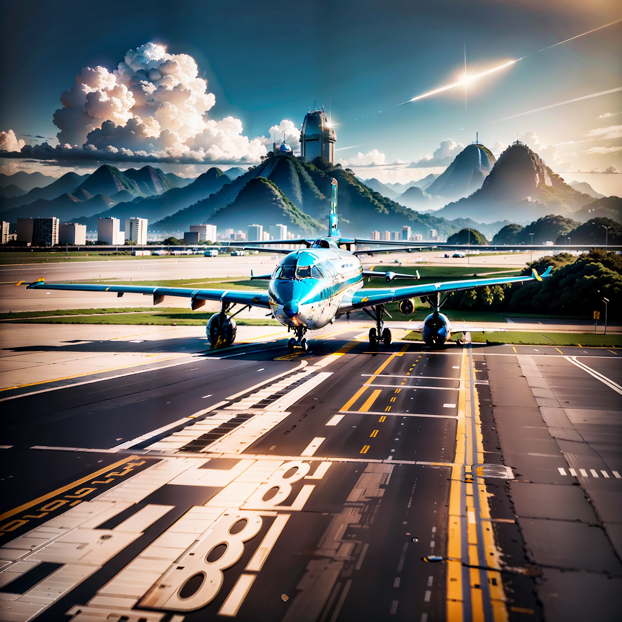 Create a realistic scenario of an airport runway with a plane already stopped on the runway in the background, and contrasting with a Rio de Janeiro landscape with Christ the Redeemer in the distance. Make sure the resulting image looks realistic, with details that capture the essence of the scene. Add textures and details to the plane and runway to make them more realistic, such as the plane's metal look and the runway's asphalt look. Make sure that the Rio landscape with Christ the Redeemer in the distance is an important element of the scene, adding details that highlight the natural beauty of Rio de Janeiro. Add textures and details to make the image more interesting, such as the appearance of clouds and sky colors. Make sure the resulting image is a high resolution, 8K quality." —c 10 —ar 2:3