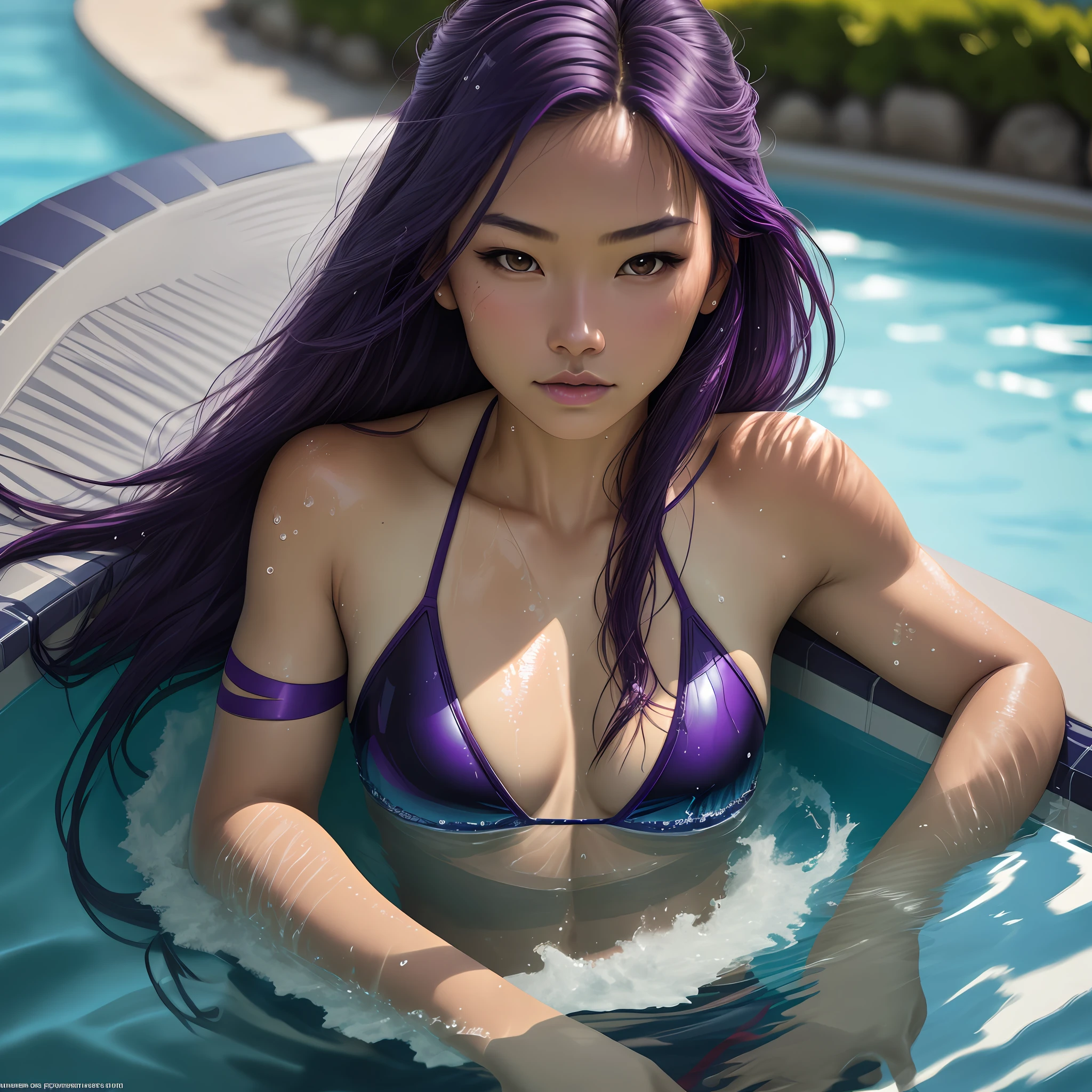 Psylocke, beautiful, lighting, masterpiece, best quality, 1girl, solo, sam yang, swimmer, bikini, stylish bikini, small breast, cleavage, tan line, portrait shot, looking at viewer, detailed face, detailed eyes, detailed hair, partially submerged, outdoor pool, wet skin, wet hair, high quality water, HD, 4k, ultra setting