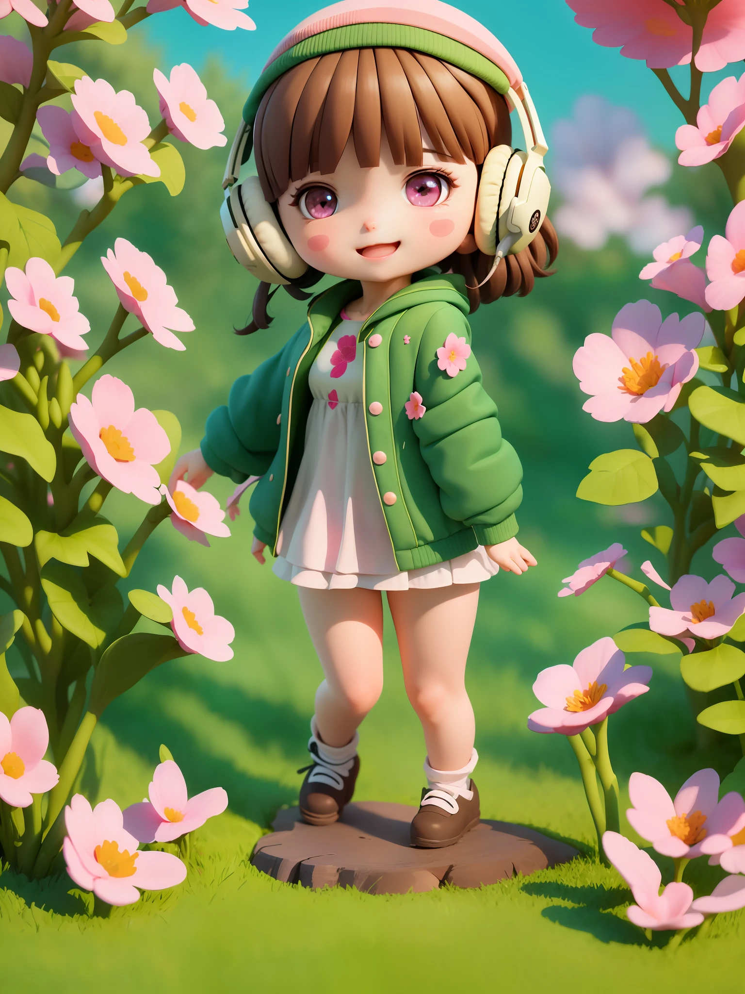 (masterpiece),(best quality),(ultra-detailed), (full body:1.2), 1girl,chibi,cute, smile, open mouth, flower, outdoors, playing guitar, music, beret, holding guitar, jacket, blush, tree, :3, shirt, short hair, cherry blossoms, green headwear, blurry, brown hair, blush stickers, long sleeves, bangs, headphones, black hair, pink flower, (beautiful detailed face), (beautiful detailed eyes),
