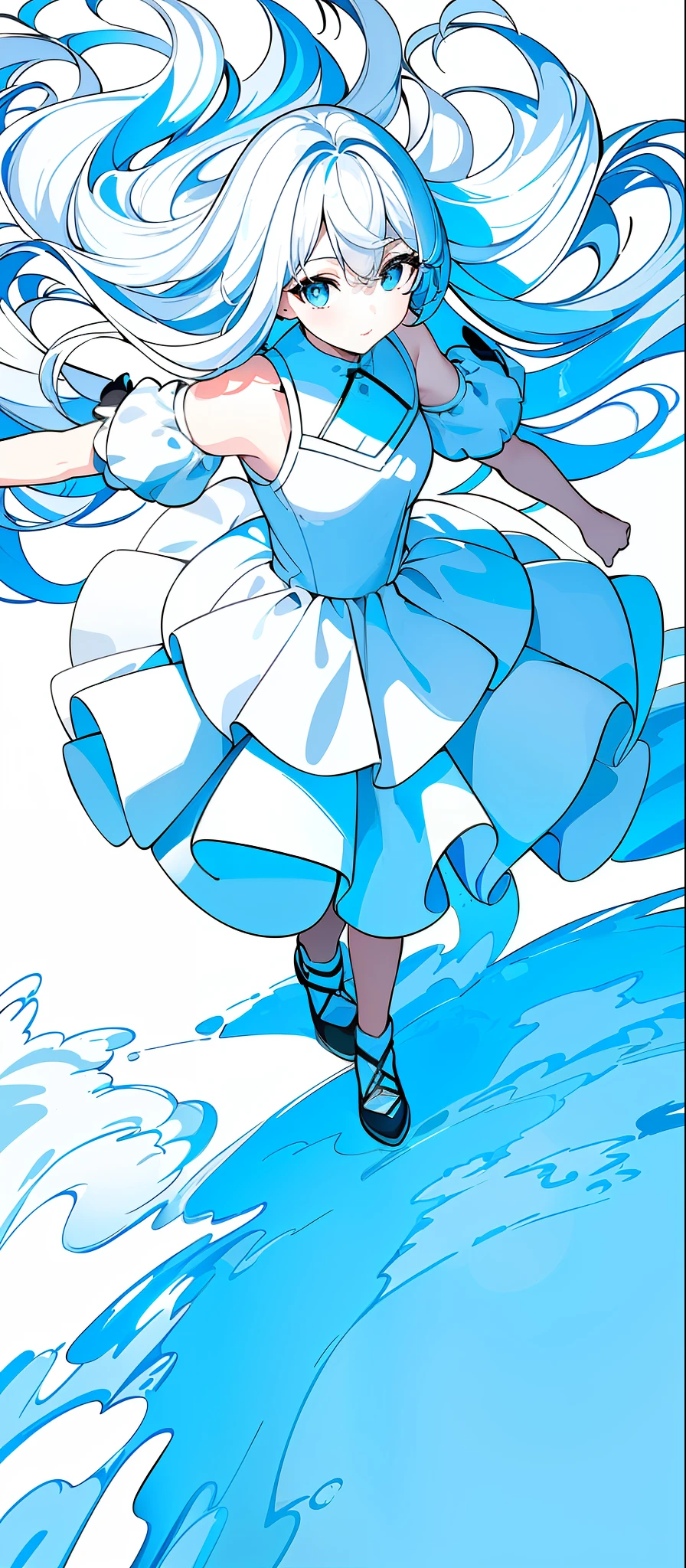 masterpiece,(best quality),(1girl) ,solo,(high contrast:1.2),(high saturation:1.2),((black and white dress)),looking at viewer,((white and light blue theme:1.3)),((white and light blue background:1.5)),white hair, blue eyes,((walking:1.3)),full body,black footwear,((the light blue water on sky and white cloud and day)),((from above:1.2)),Ink painting