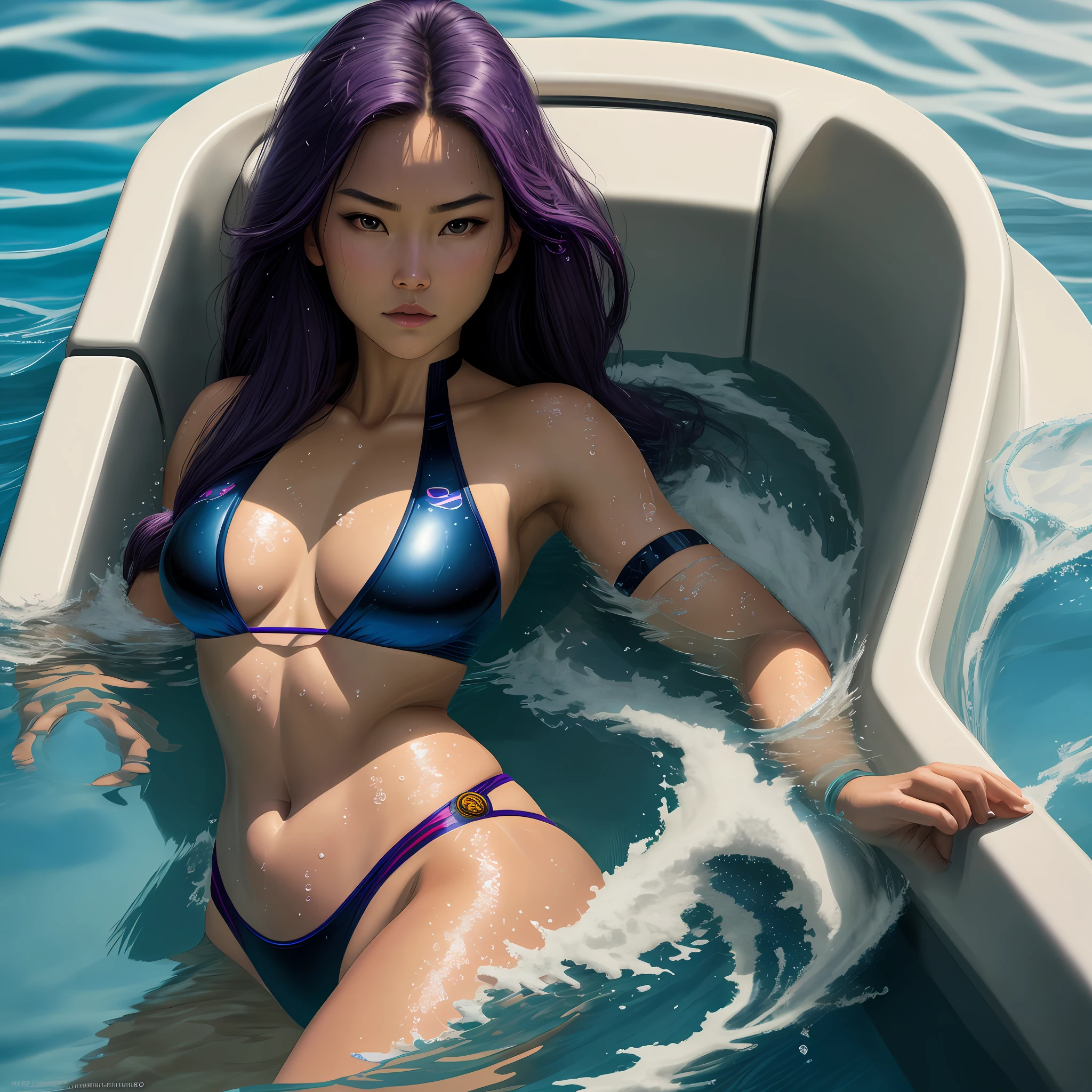 Psylocke, beautiful, lighting, masterpiece, best quality, 1girl, solo, sam yang, swimmer, bikini, stylish bikini, small breast, cleavage, tan line, portrait shot, looking at viewer, detailed face, detailed eyes, detailed hair, partially submerged, outdoor pool, wet skin, wet hair, high quality water, HD, 4k, ultra setting