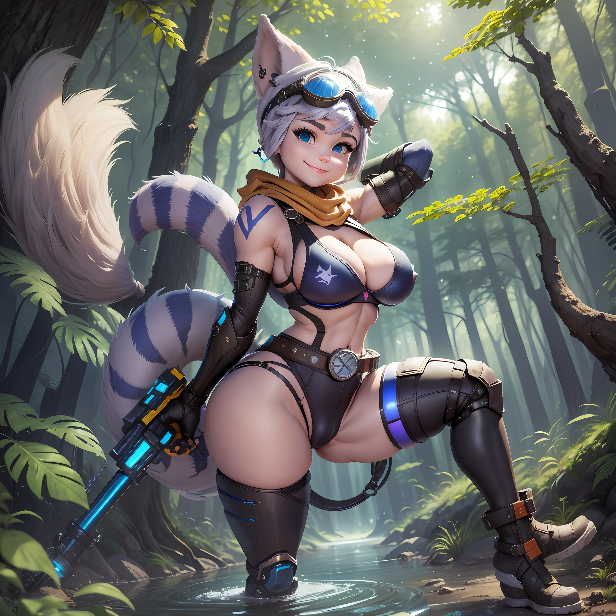 furry, rivetlombax, blue eyes, animal ears, earrings, goggles on head, bangs, mechanical arms, scarf, bikini, belt, tail, lake in the forest, smile, not human, ass big, cartoon style, cute, (breast:1.7) full body picture, thick thighs, (perfect body: 1,5), (camel toe: 1.7), barefoot, highres, spaceship, legs spread, some belly fat,