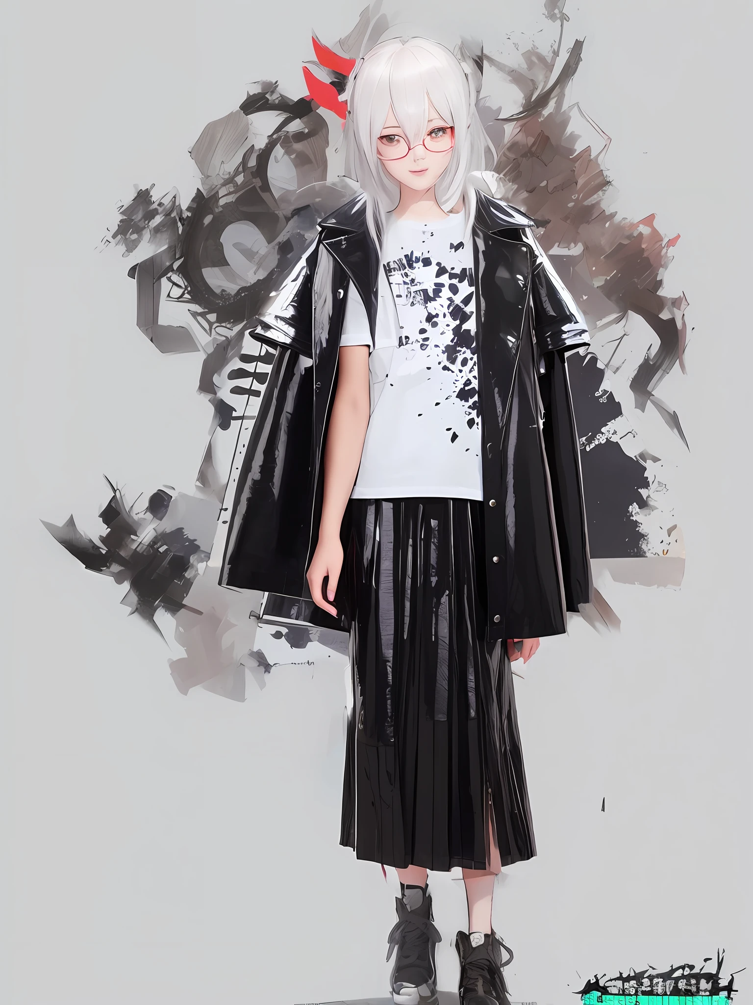 Wearing short sleeves on the upper body, wearing a black coat strap on the outside, wearing a long skirt, leather material, reflective paint, paint bucket stain print, transparent material