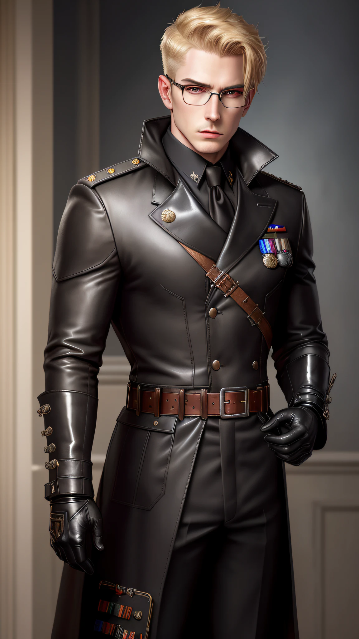 extremely detailed, very realistic, very sharp, hyper-realistic, hyper realistic, best quality, masterpiece, very beautiful, adult, military, latex military coat, pants, gloves, award-winning, officer, pants, belt, red straps, harness, gloves, short hair, spaceship, very short blonde hair, pale skin, insignia, high rank, military cap, standing, no buttons, zippers, hidden neck, shiny, shadows, eyeliner, formal,  coat, pauldrons, man, stubble, evil emotion, pistol on belt, gun at waist, without glasses,