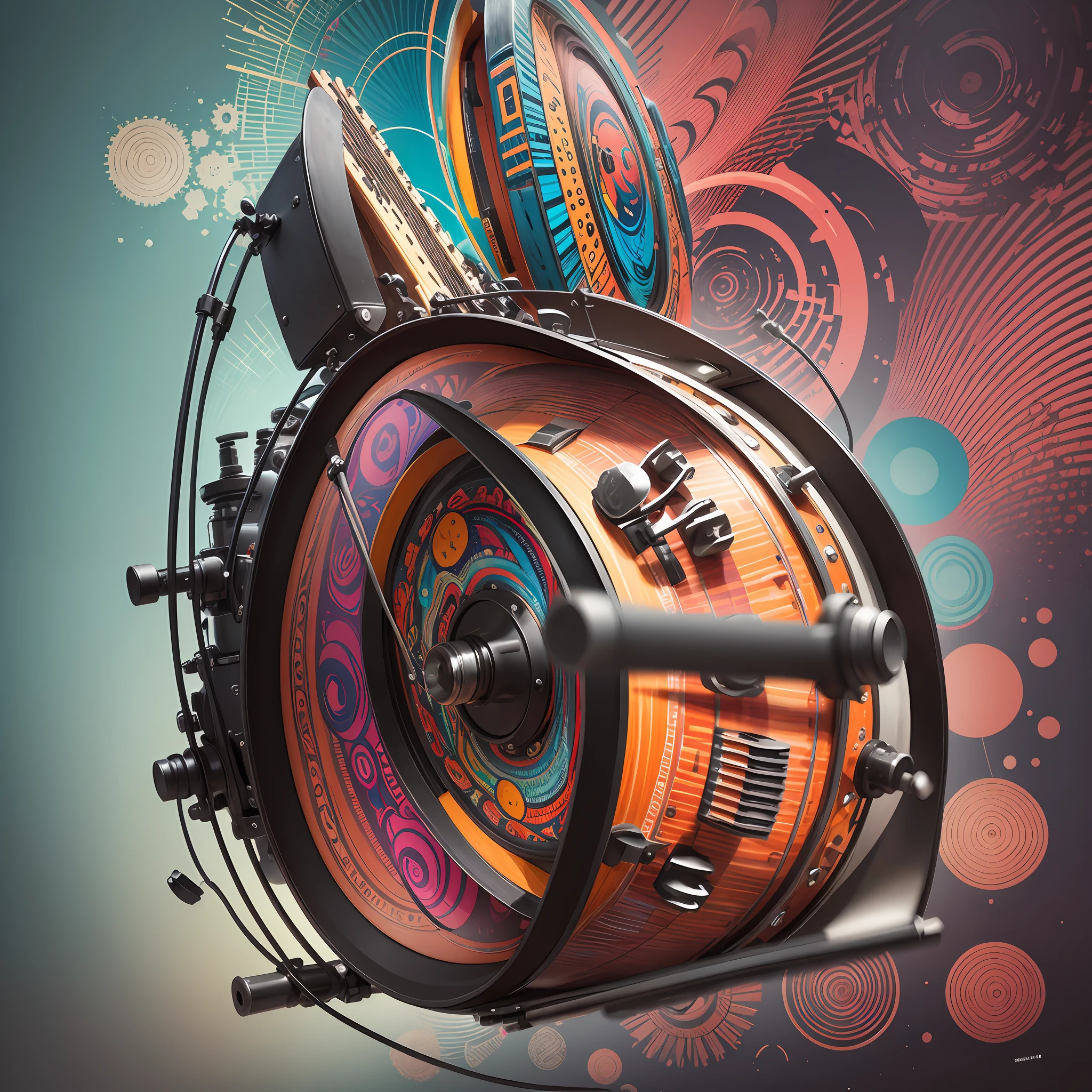 Create image of an acoustic drum in an abstract psychedelic of the realistic type with collage --auto --s2