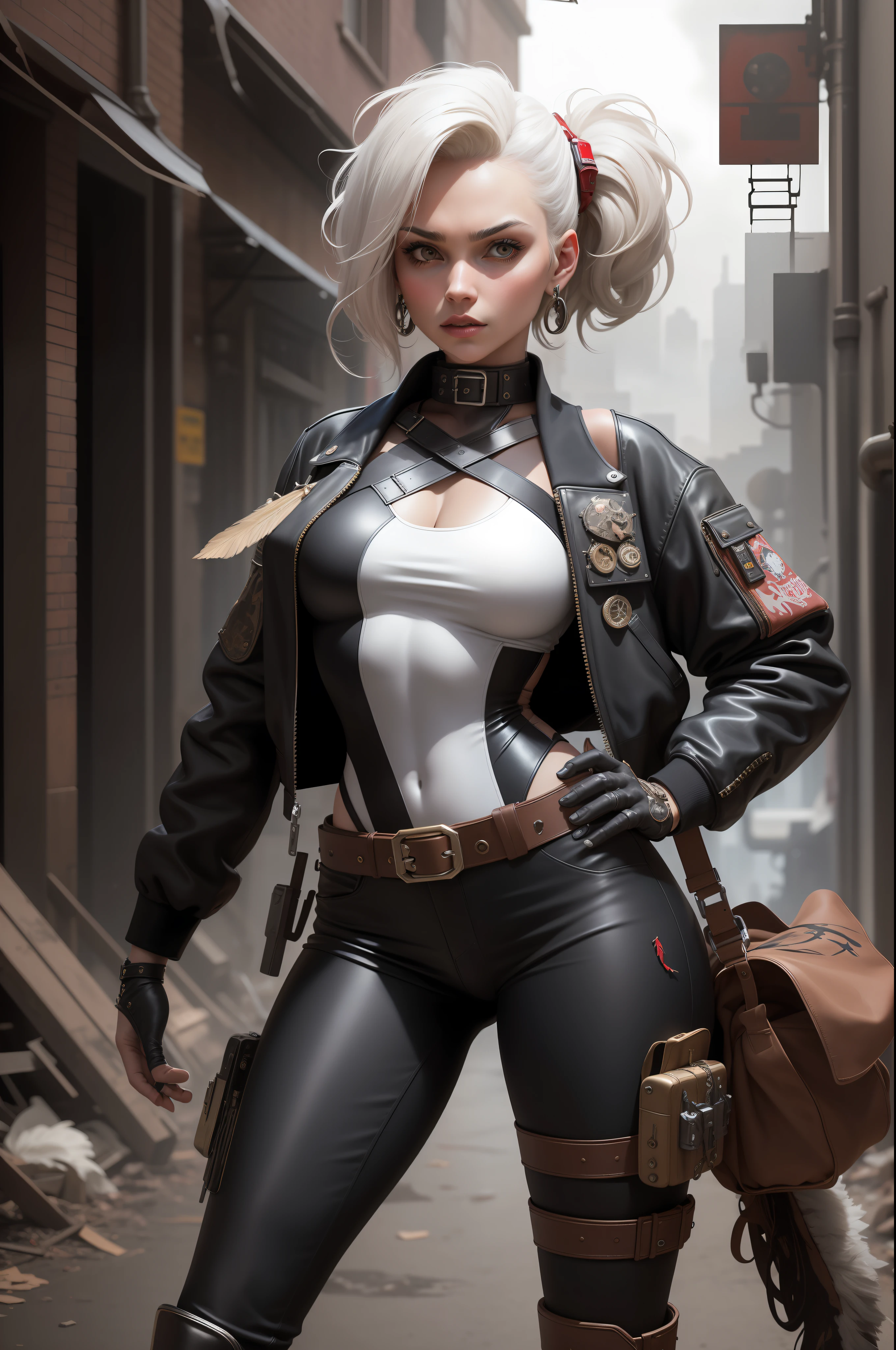 3dmm style, (masterpiece, best quality), intricate details, 1girl, solo, bea\(x-men\), (rogue), (vampire), bow hair band, belt with X, jacket, black bodysuit, bodysuit under clothes, single glove, print shorts, knee pads, cowboy shot, front, white clothing, red and white hair, mysterious look, wide shot, long shot, wearing high heels on feet, arms and feathers stretched, pose heroica, solo, masterpiece, best quality, perfect face, body shot of a steampunk mechanic girl wearing torn leather pants and a cropped bomber jacket, dirty skin, buckles and straps, dirty metal, cyberpunk, apocalyptic, smoky, mechanical, industrial factory, intricate