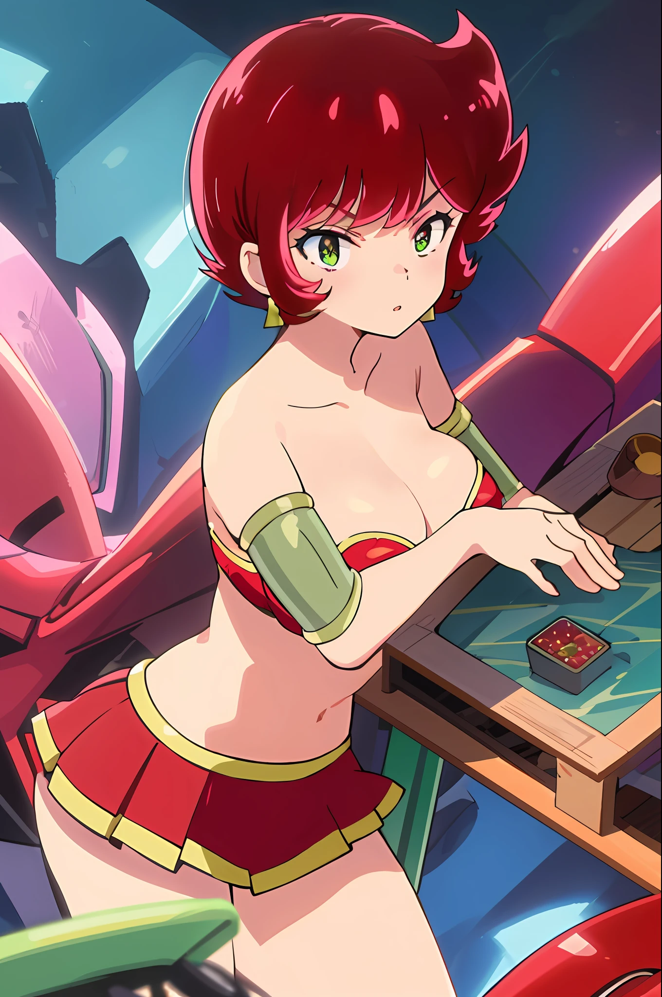 best quality, 1girl, beautiful face, short haircut, red hair, earrings, armlet, skirt, Urusei Yatsura, Benten, sci-fi background, large breast