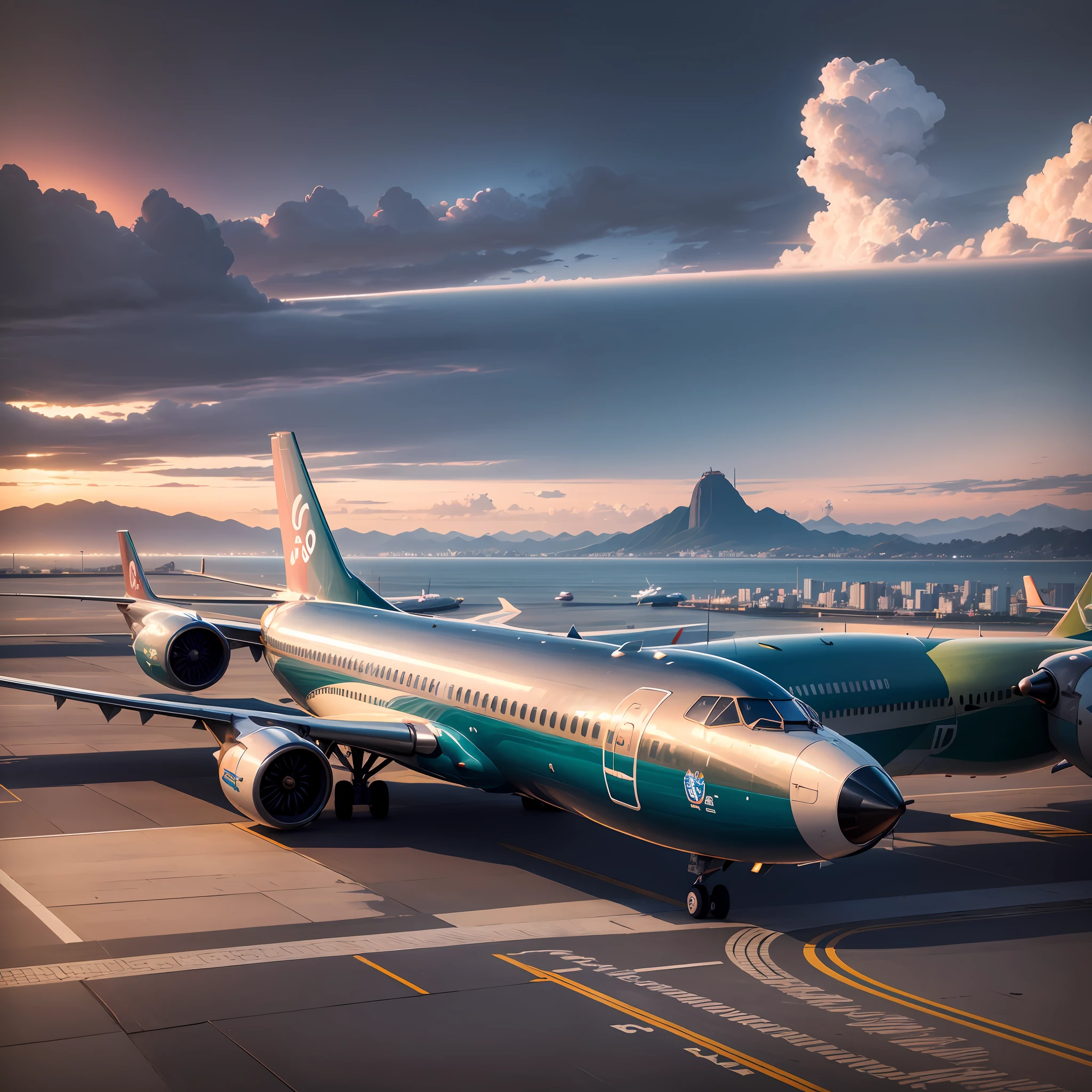 Create a realistic scenario of an airport runway with a plane already stopped on the runway in the background, and contrasting with a Rio de Janeiro landscape with Christ the Redeemer in the distance. Make sure the resulting image looks realistic, with details that capture the essence of the scene. Add textures and details to the plane and runway to make them more realistic, such as the plane's metal look and the runway's asphalt look. Make sure that the Rio landscape with Christ the Redeemer in the distance is an important element of the scene, adding details that highlight the natural beauty of Rio de Janeiro. Add textures and details to make the image more interesting, such as the appearance of clouds and sky colors. Make sure the resulting image is a high resolution, 8K quality." —c 10 —ar 2:3 --auto --s2