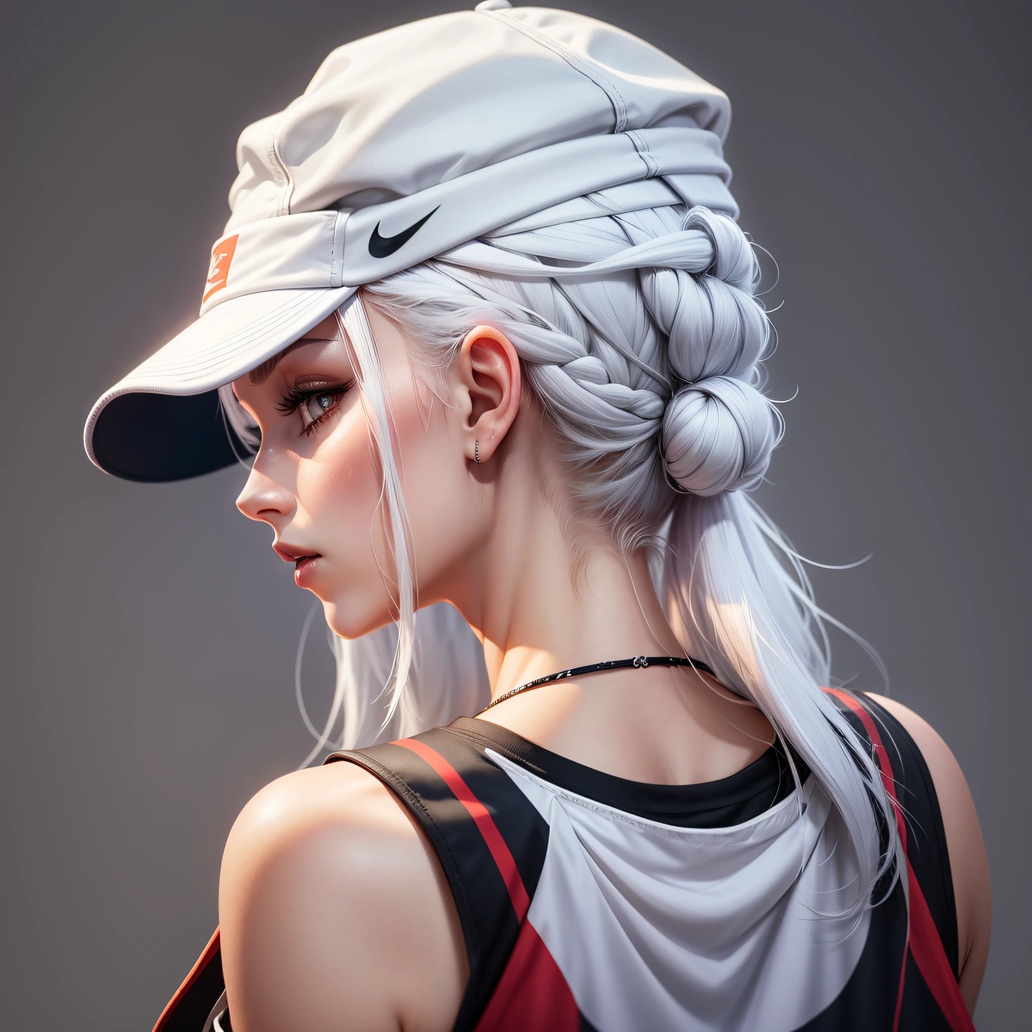 27-year-old girl, seen from behind, white hair tied up, wearing a Nike cap, --auto --s2
