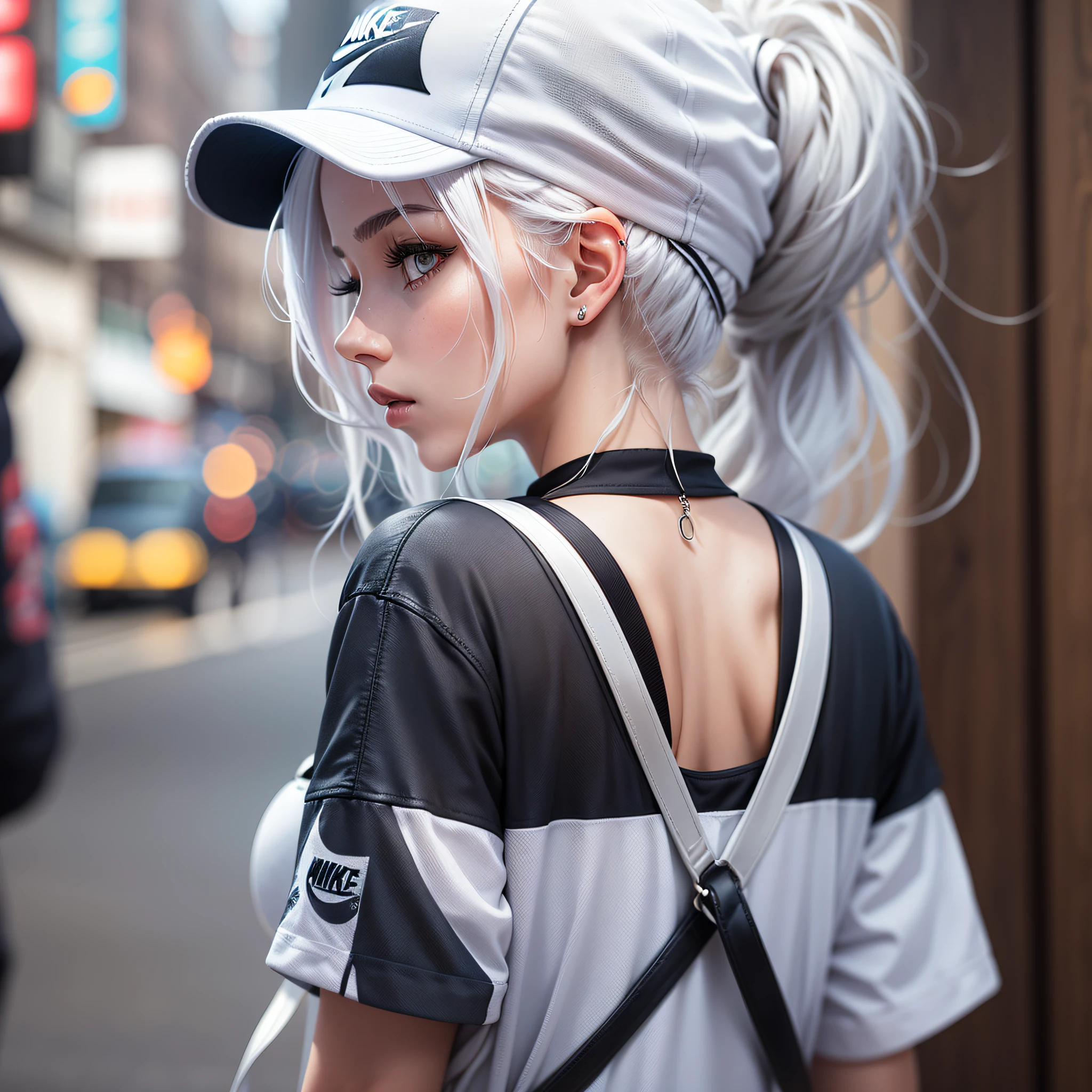 27-year-old girl, seen from behind, white hair tied up, wearing a Nike cap, --auto --s2