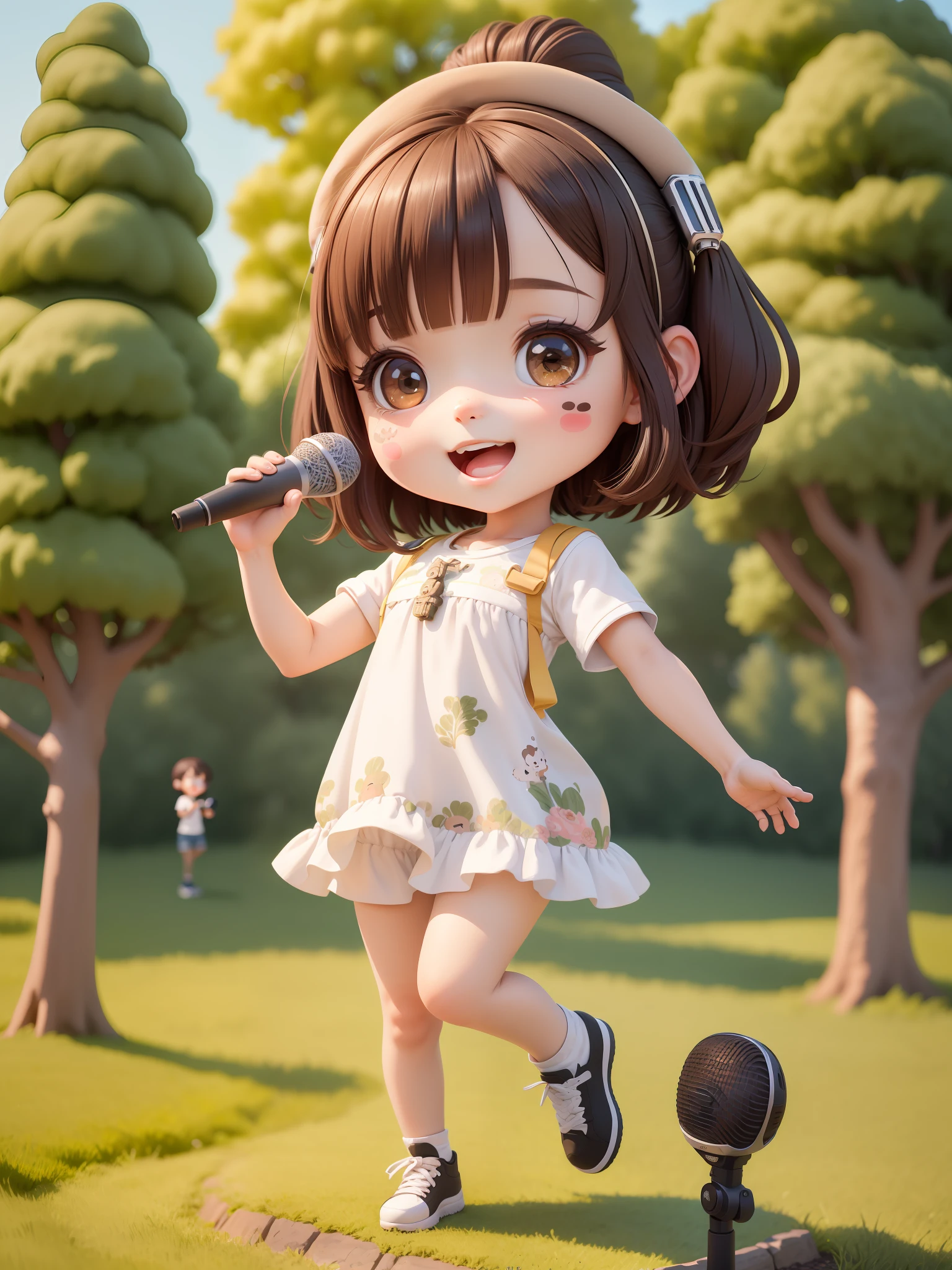 (masterpiece),(best quality),(ultra-detailed), (full body:1.2),
1boy 1 girl,chibi,cute, smile, open mouth,
outdoors, singing, music, holding microphone, blush, tree, :3, shirt, short hair, brown hair, blush stickers, hip hop outfit, black hair, street style
(beautiful detailed face), (beautiful detailed eyes),