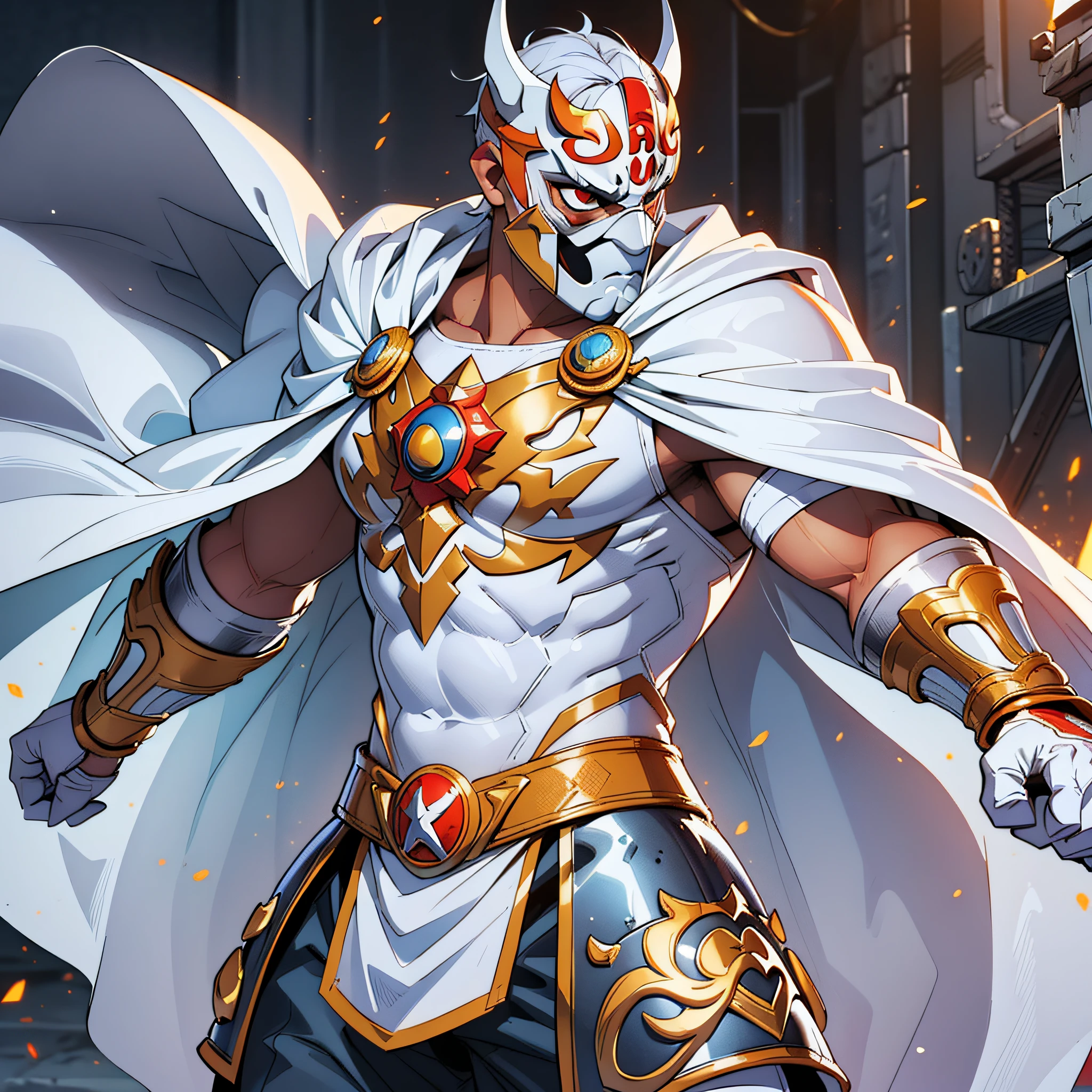 White Luchador Mask, (((White Mask))) (extremely detailed CG, dynamic pose, best quality), a Mexican lucha libre wrestler,(masked hero:1.2),(stunning move: 1.2), intense expression, White Cape and metal armor