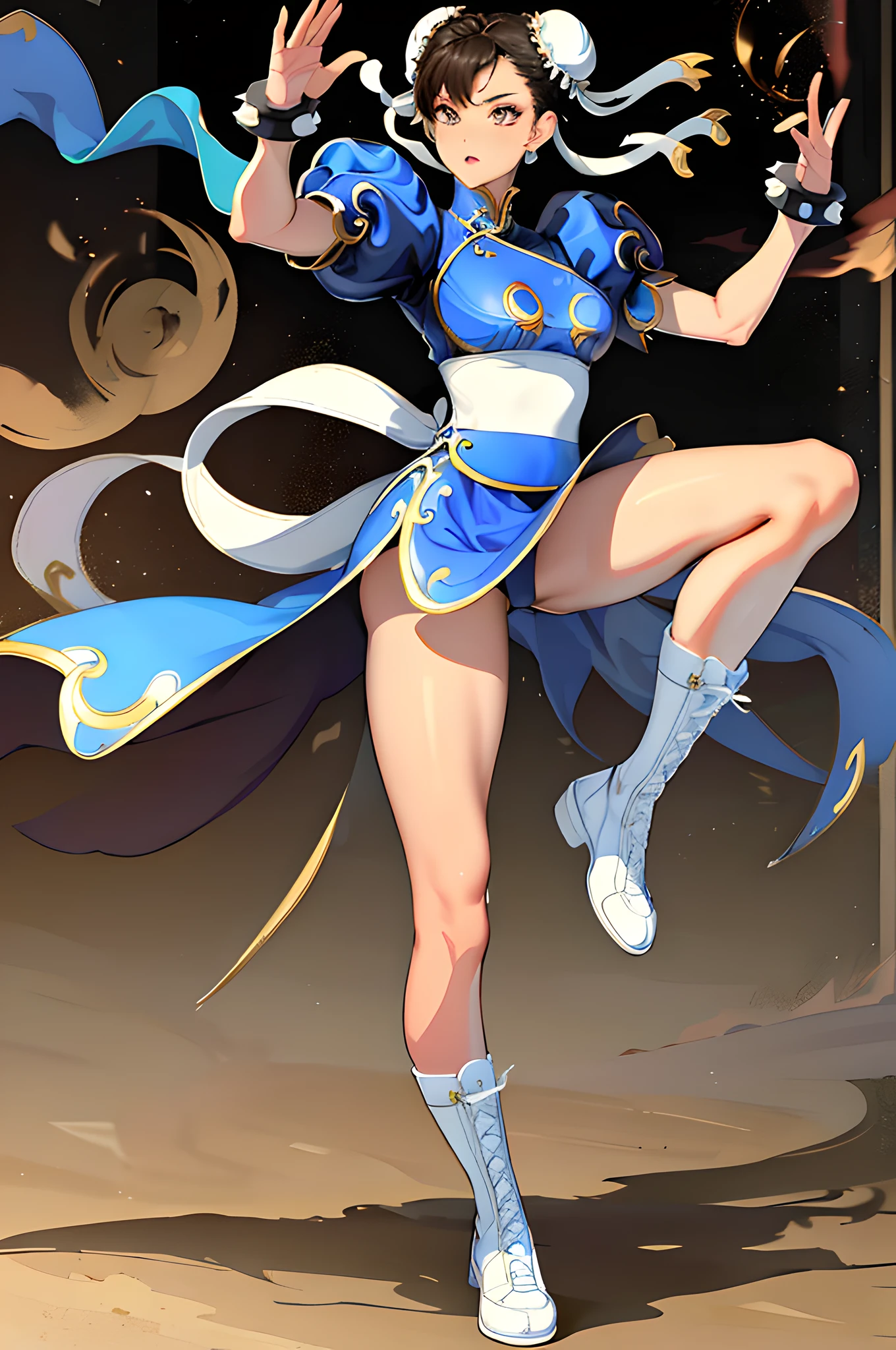 ((masterpiece, highest qualification)), 1 girl, solo, Chun-Li, full body, beautiful night street background, stockings, open legs