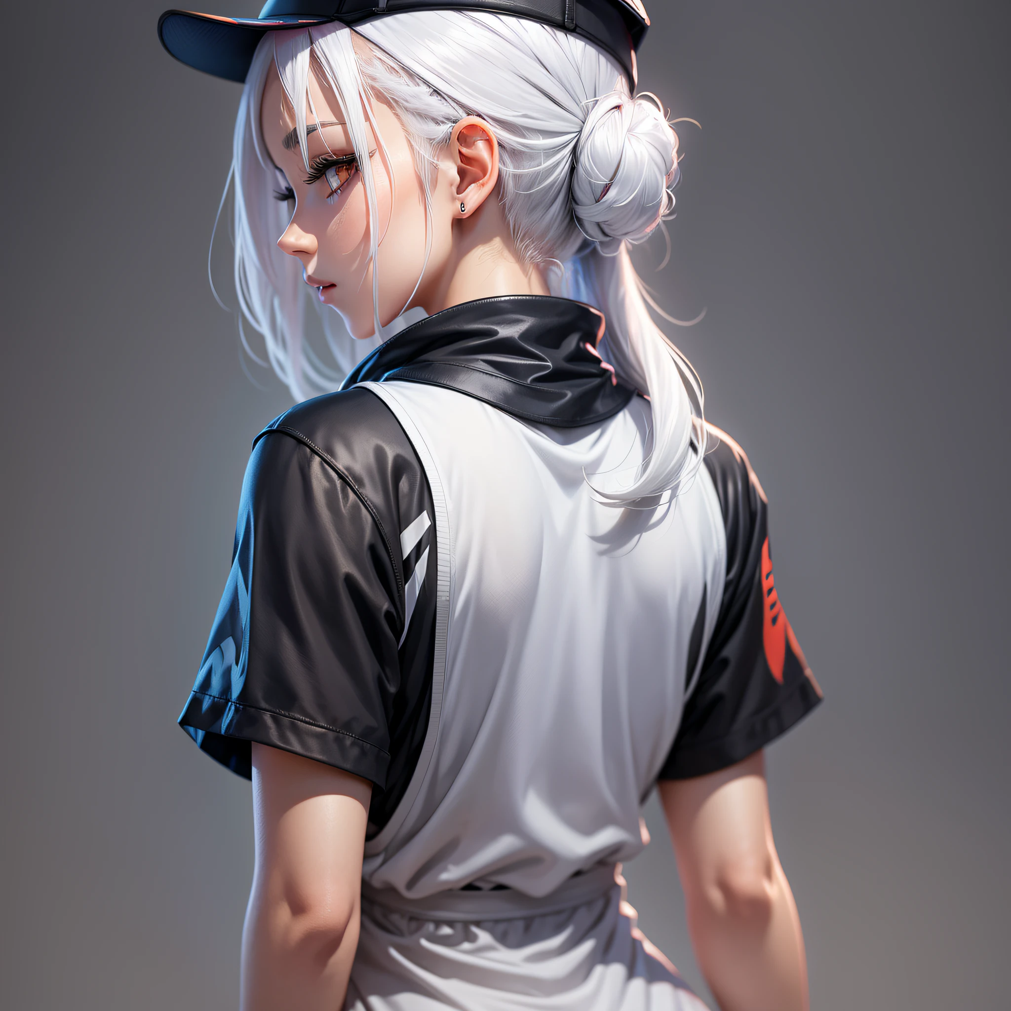 27-year-old anime woman, seen from behind, white hair tied, wearing nike cap, --auto --s2