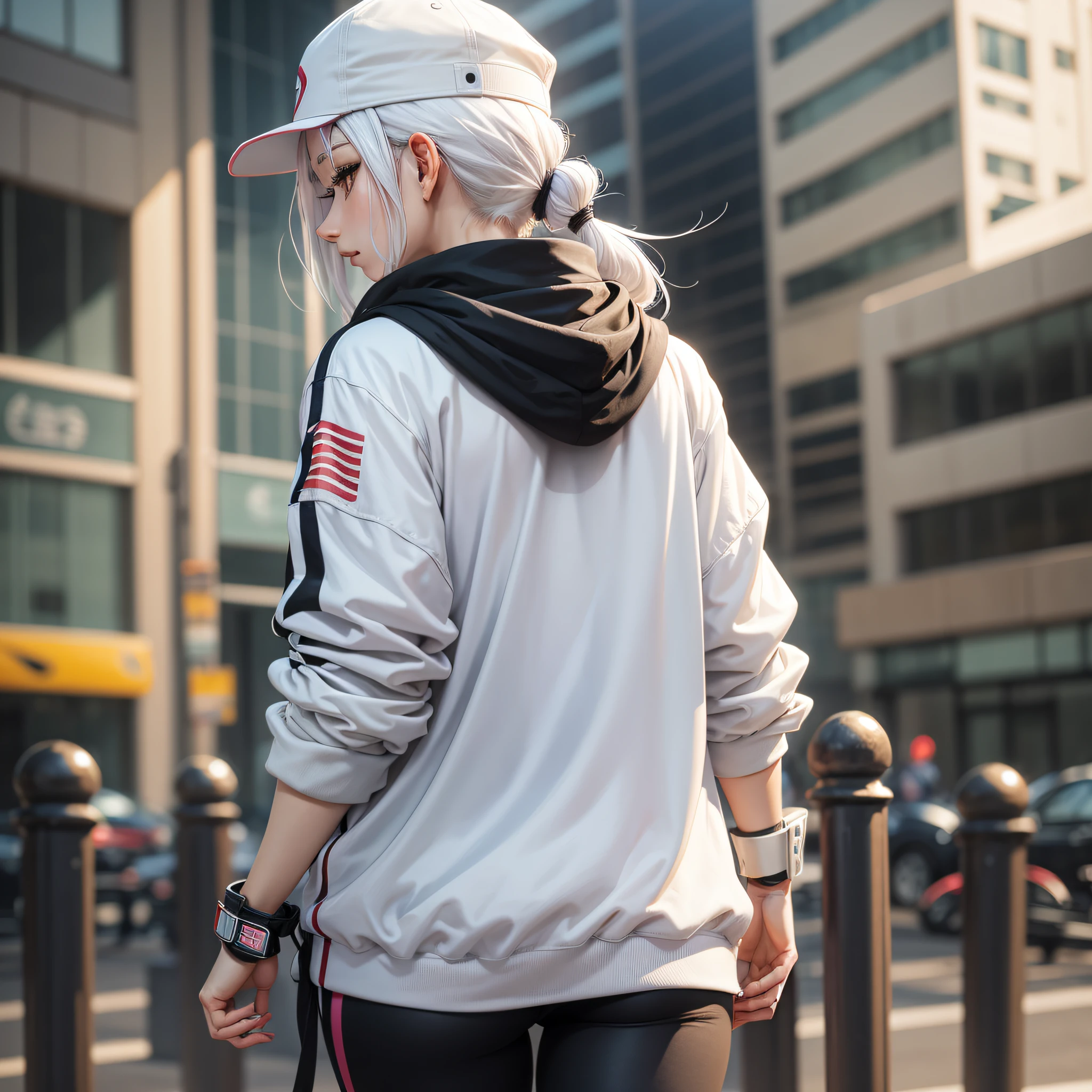 27-year-old anime woman, seen from behind, white hair tied, wearing nike cap, --auto --s2