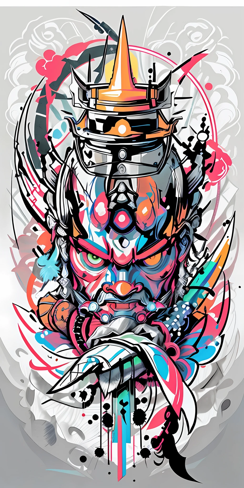 Profile portrait of a samurai mask holding a dagger in hand, colorful, illustration for tattoo.