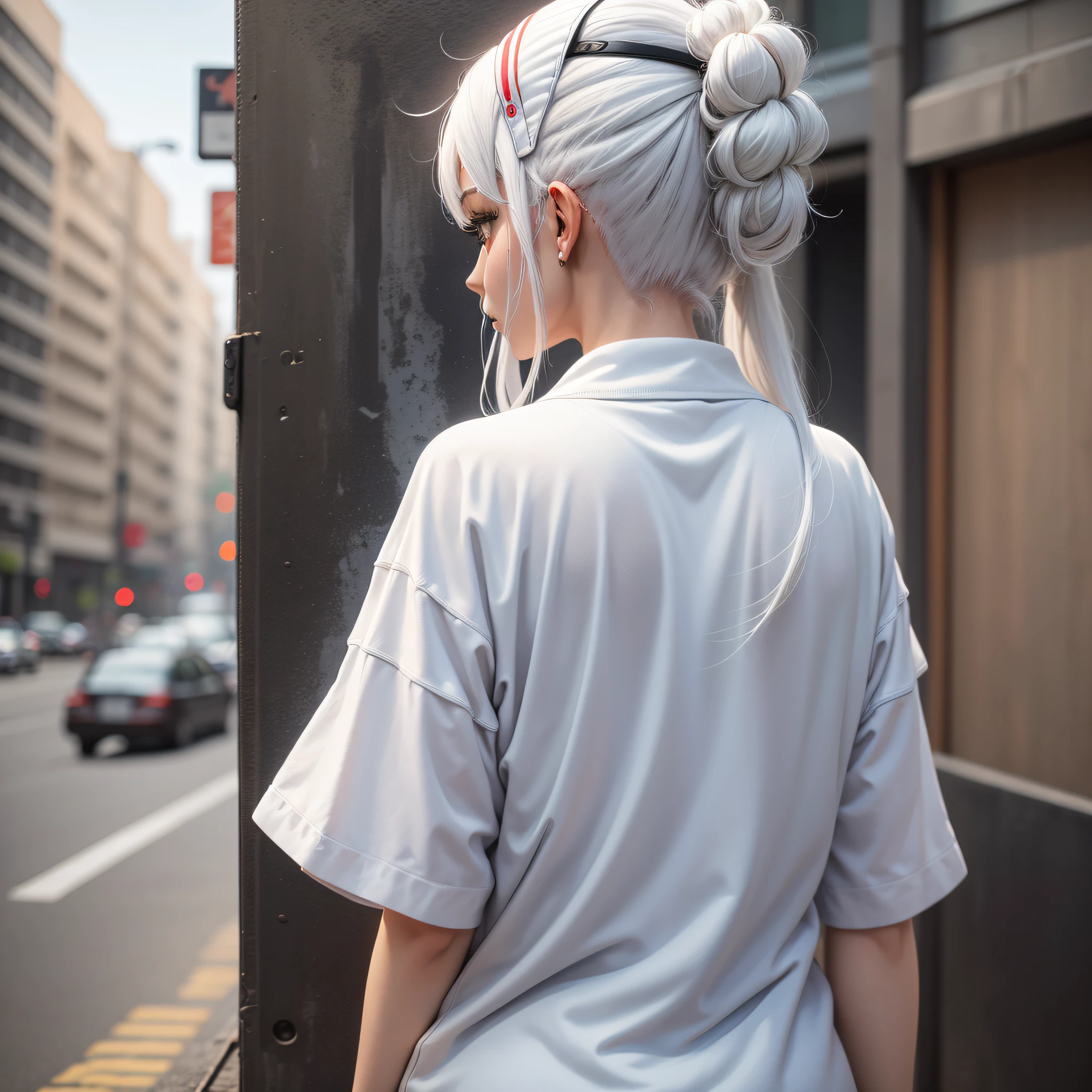 27-year-old anime woman, seen from behind, white hair tied, wearing nike cap, --auto --s2