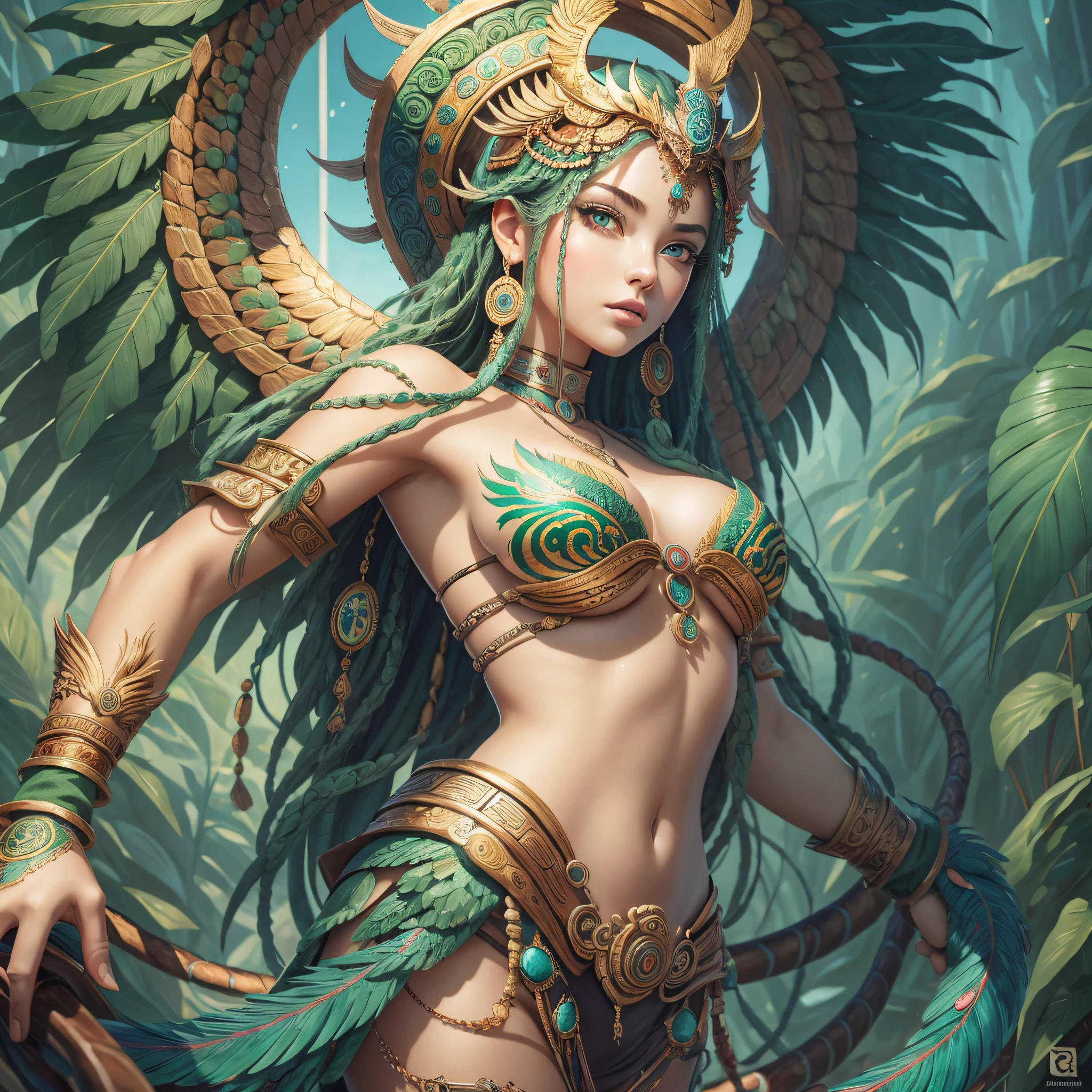 Masterpiece, best quality, {best quality}, {{masterpiece}}, {highres}, anime, 1girl, Quetzalcoatl, Kukulkan, Serpent God, feathers, plumage, Aztec --auto --s2