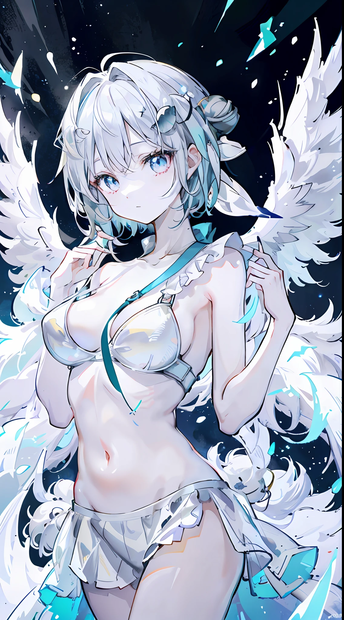 An angel is depicted with a pale and luminous complexion, their skin seemingly glowing with an otherworldly radiance. They are adorned with a pair of sparkling and graceful wings, symbolizing their divine nature. The scene is ethereal and enchanting, capturing the beauty and mystery of these celestial beings. angel, pale, luminous, complexion, glowing, otherworldly, radiance, sparkling, graceful, wings, divine, ethereal, enchanting, beauty, mystery.upper body,