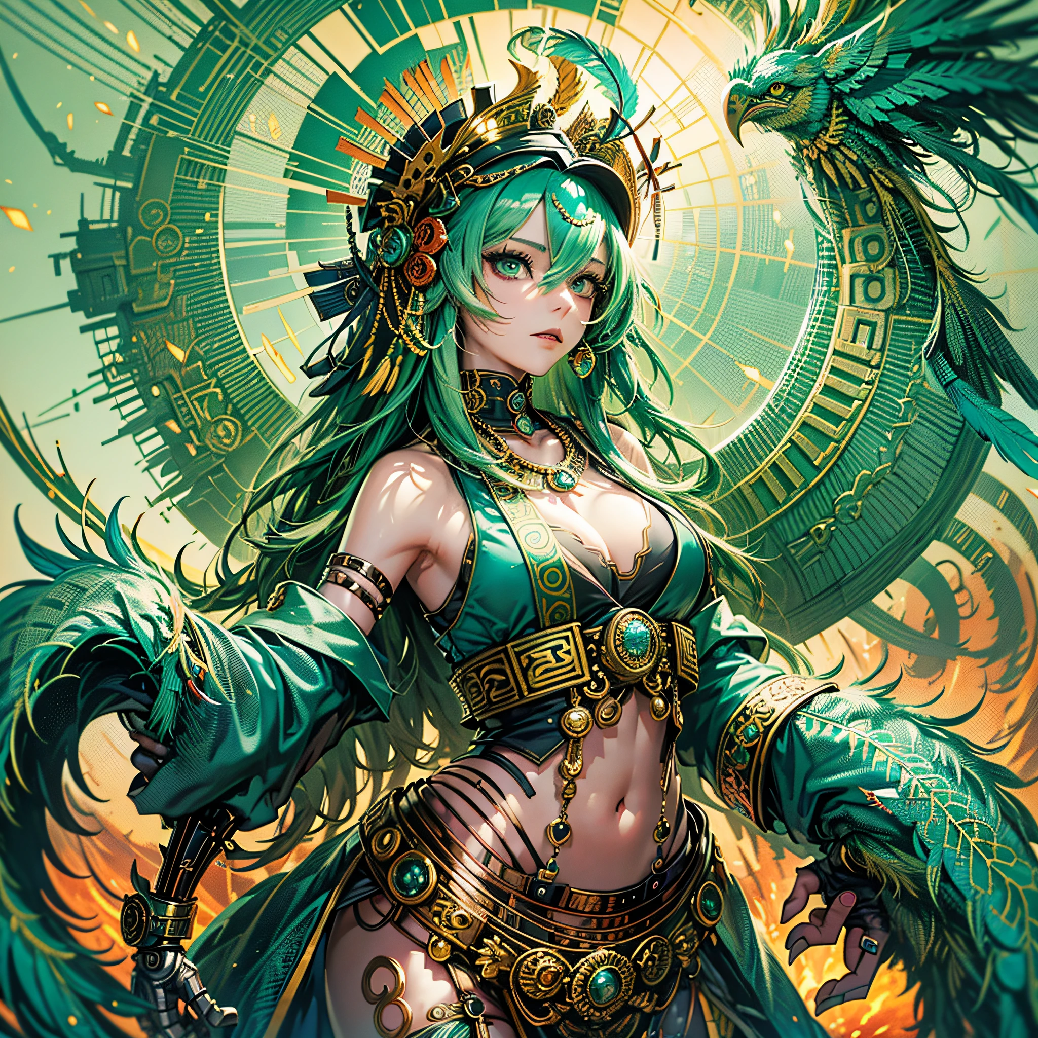 Masterpiece, best quality, {best quality}, {{masterpiece}}, {highres}, anime, 1girl, Quetzalcoatl, Kukulkan, Serpent God, feathers, plumage, Aztec, thunder --auto --s2