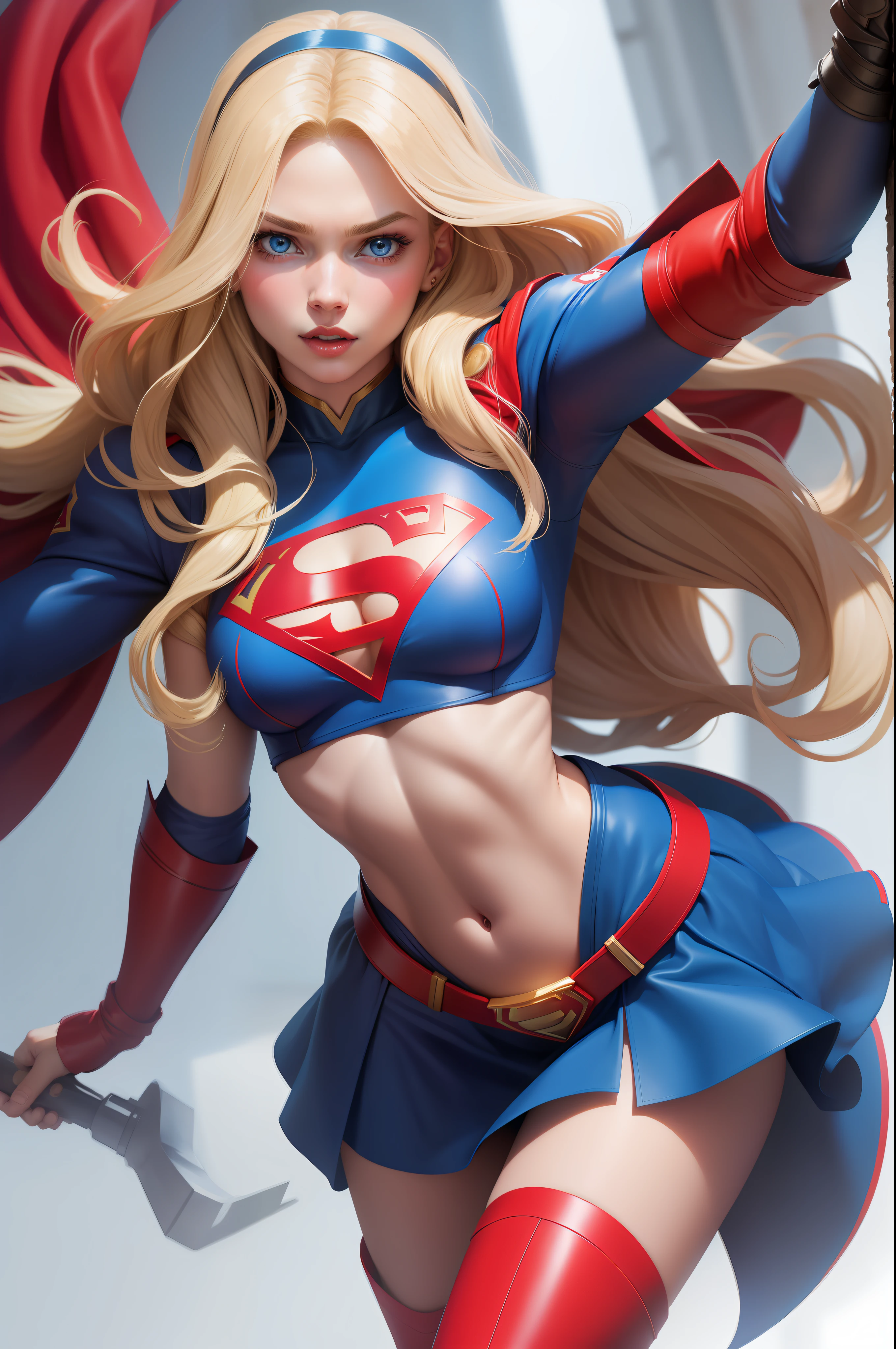 ???? Supergirl long blonde hair and blue eyes, black hairband, white croptop, short sleeves, red cape, blue pencil skirt, red boots, white gloves