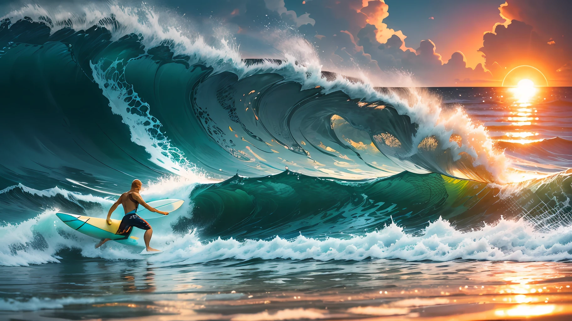 A dynamic image of a surfer enjoying a stunning, tropical sunrise as they leave the water. The surfer, dressed in colorful, high-impact clothing, holds a beautiful whiteboard as they focus on their golden-brown waves. The sun's rays illuminate the water's surface, adding a shimmer to the scene. The shallow depth of field isolates the surfer from the background, emphasizing the emotion and beauty of the moment. wide aperture, long exposure, polarizing filter --auto --s2