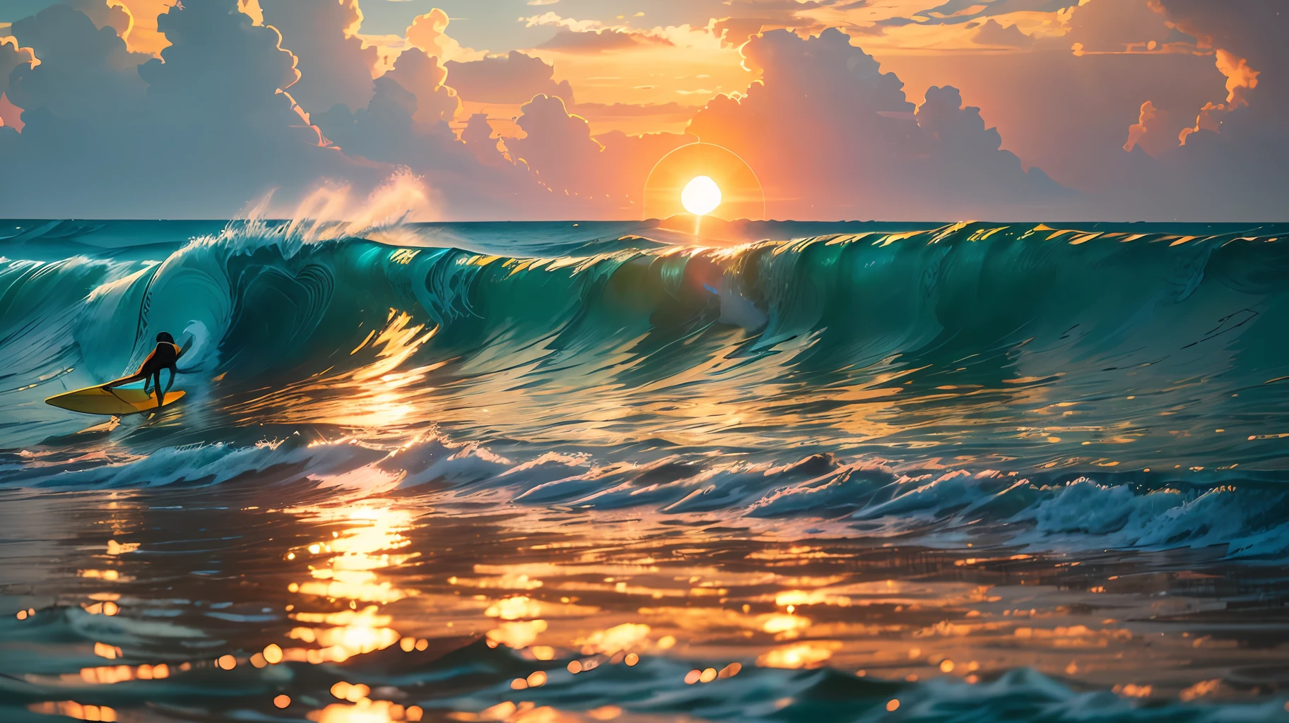 A dynamic image of a surfer enjoying a stunning, tropical sunrise as they leave the water. The surfer, dressed in colorful, high-impact clothing, holds a beautiful whiteboard as they focus on their golden-brown waves. The sun's rays illuminate the water's surface, adding a shimmer to the scene. The shallow depth of field isolates the surfer from the background, emphasizing the emotion and beauty of the moment. wide aperture, long exposure, polarizing filter --auto --s2