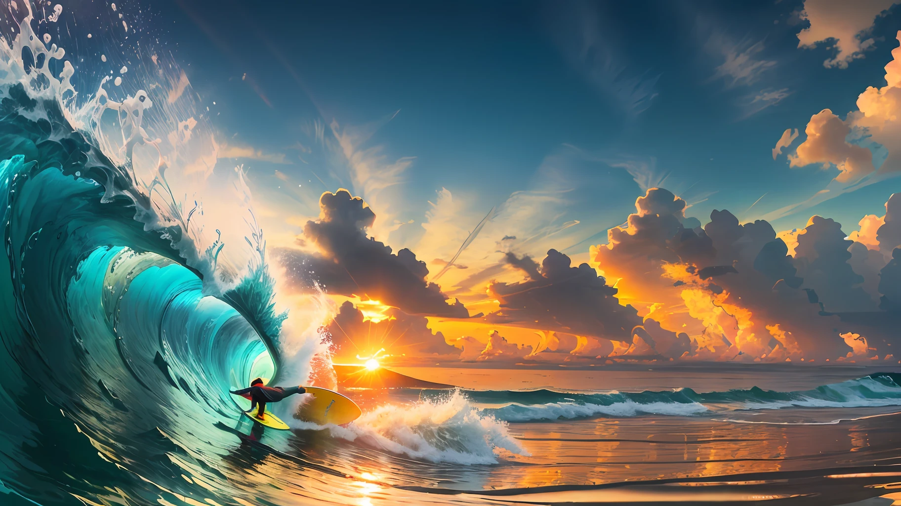 A dynamic image of a surfer enjoying a stunning, tropical sunrise as they leave the water. The surfer, dressed in colorful, high-impact clothing, holds a beautiful whiteboard as they focus on their golden-brown waves. The sun's rays illuminate the water's surface, adding a shimmer to the scene. The shallow depth of field isolates the surfer from the background, emphasizing the emotion and beauty of the moment. wide aperture, long exposure, polarizing filter --auto --s2