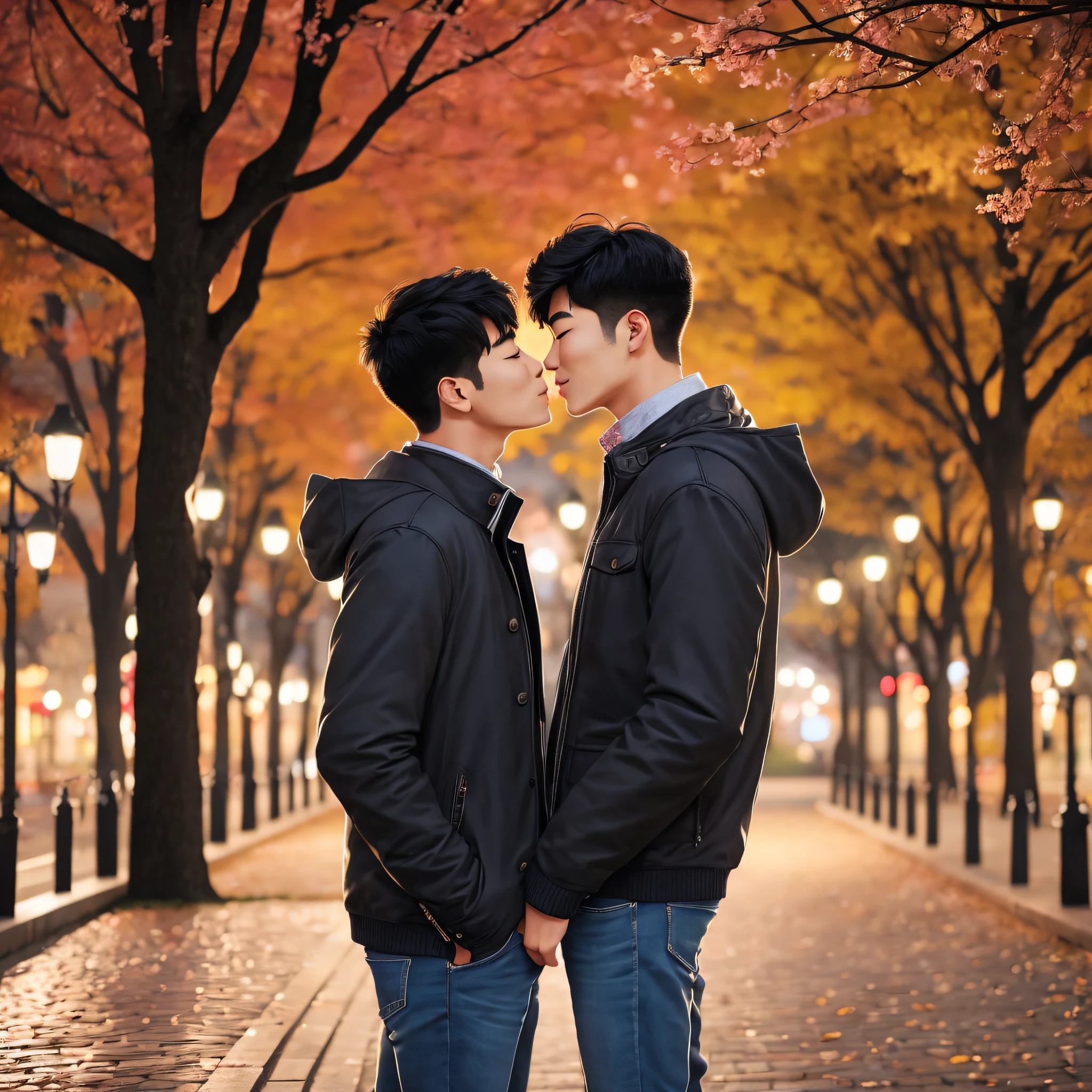 GAY COUPLE KOREAN MEN KISSING ROMANTICALLY IN A PARK AT NIGHT --auto --s2