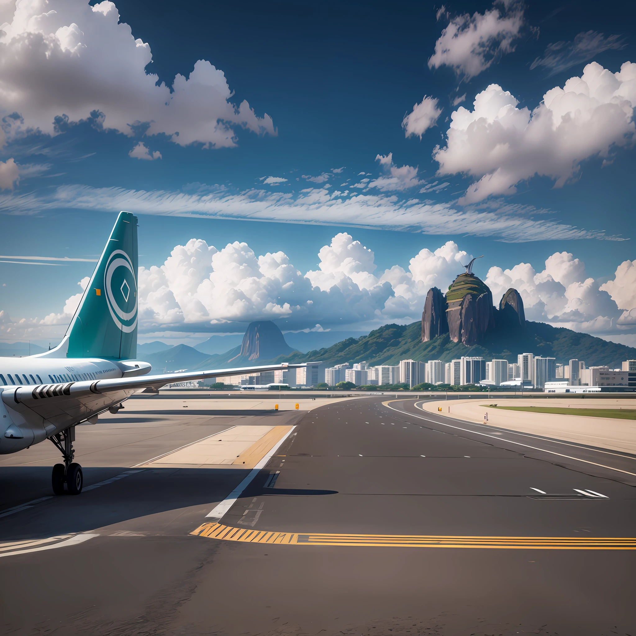 Create a realistic scenario of an airport runway with a plane already stopped on the runway in the background, and contrasting with a Rio de Janeiro landscape with Christ the Redeemer in the distance. Make sure the resulting image looks realistic, with details that capture the essence of the scene. Add textures and details to the plane and runway to make them more realistic, such as the plane's metal look and the runway's asphalt look. Make sure that the Rio landscape with Christ the Redeemer in the distance is an important element of the scene, adding details that highlight the natural beauty of Rio de Janeiro. Add textures and details to make the image more interesting, such as the appearance of clouds and sky colors. Make sure the resulting image is a high resolution, 8K quality." —c 10 —ar 2:3 --auto --s2