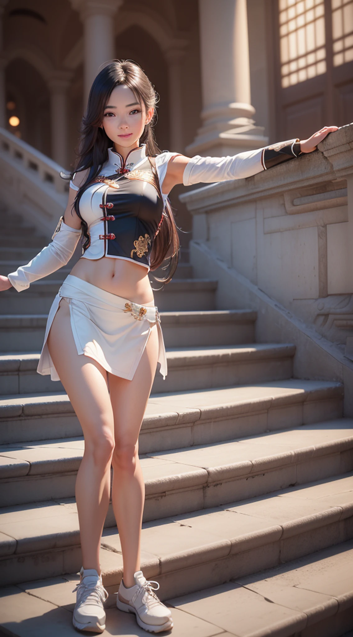 smile, beautiful woman, woman climbing stairs, mini skirt, white panties, (raw photo, best quality, high quality, high resolution), (realistic, photorealistic), ultra detail,(front lighting), physically based rendering, normal proportions, ((single woman)),(highly detailed skin:1.3),head tilt, detailed eyes,air bangs,chinese style architecture, --auto --s2