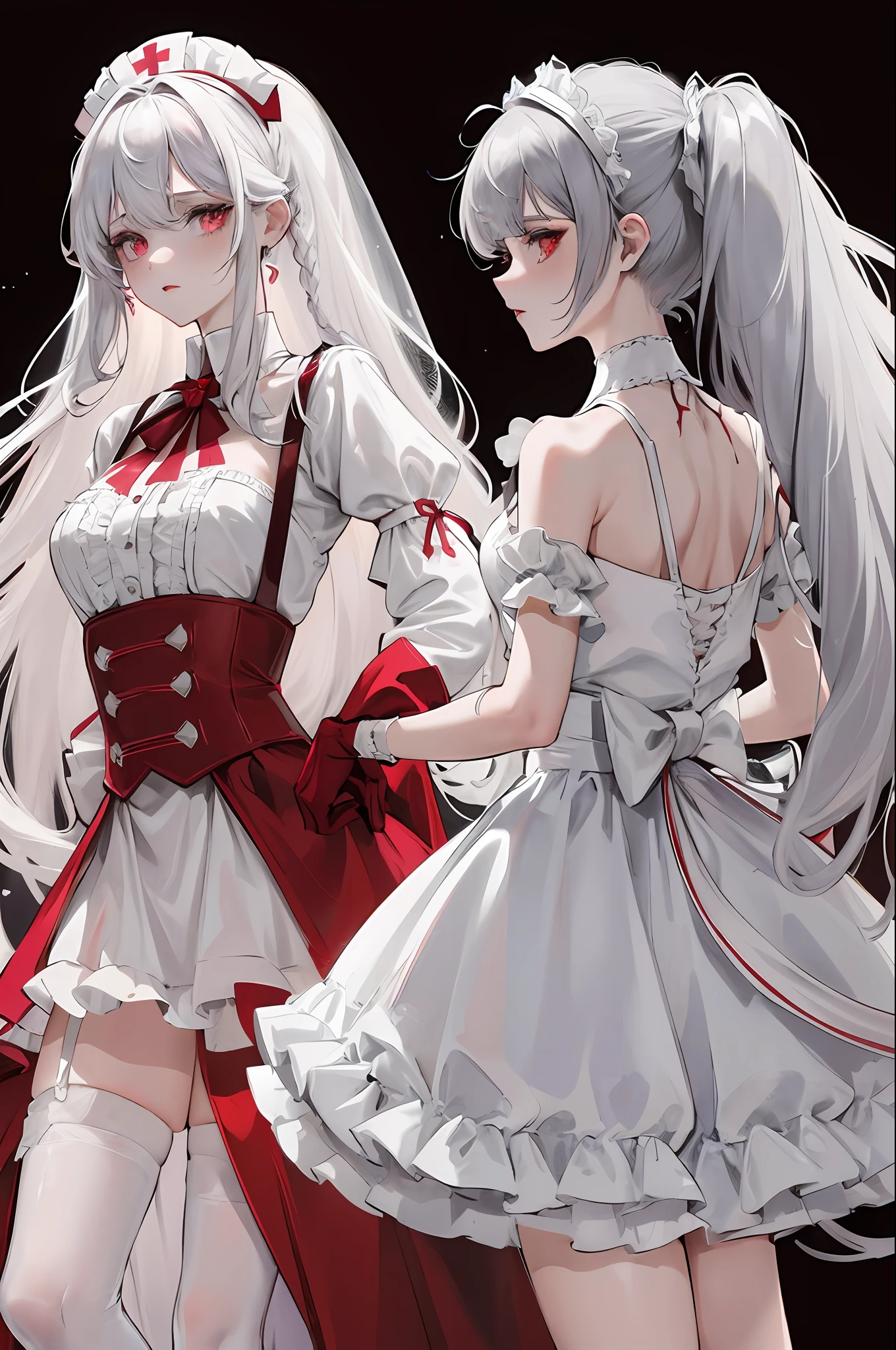 Blood, lots of dark red love heart decoration, love heart-shaped gemstone edge set with pearls, white collarless dress skirt, unique design collar, layered skirt, asymmetrical design, burnt at the end of the skirt, skirt tail cutout, red Mary Jane shoes, off-white openwork suspender stockings, nurse's dress style headdress, short skirt, culottes, frills, ruffles, extreme multiplication, exquisite and complex design, white gloves, gothic, wedding dress, blood, bandages, long gray hair, sideburns are two fine braids, princess cut, extreme details, delicate depiction, Delicate hands depicted , cool colors of the eyes