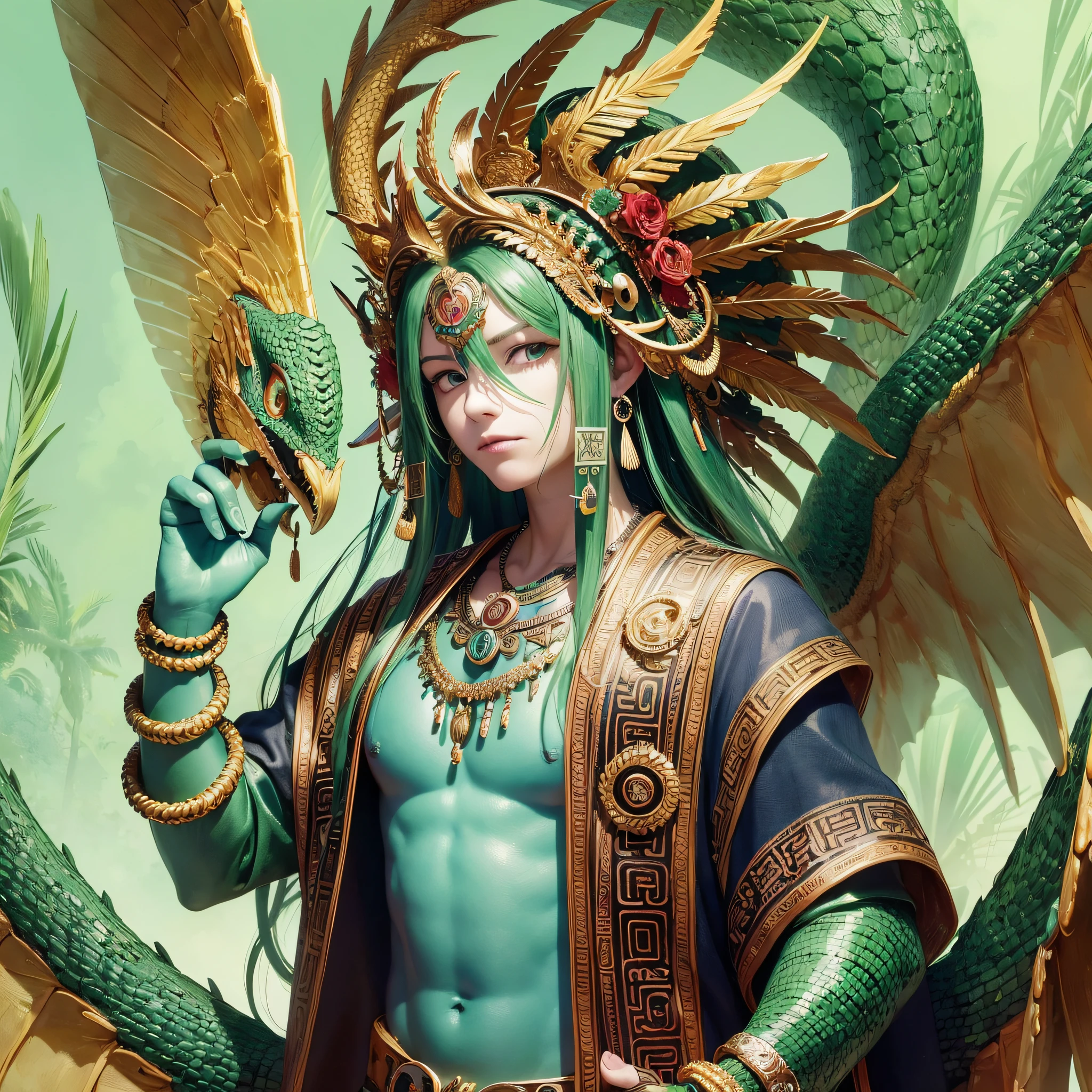 Masterpiece, best quality, {best quality}, {{masterpiece}}, {highres}, anime, 1boy, man, adult, Quetzalcoatl, Kukulkan, Serpent God, dragon, serpent, flying feathers, plumage, Aztec, blood --auto --s2