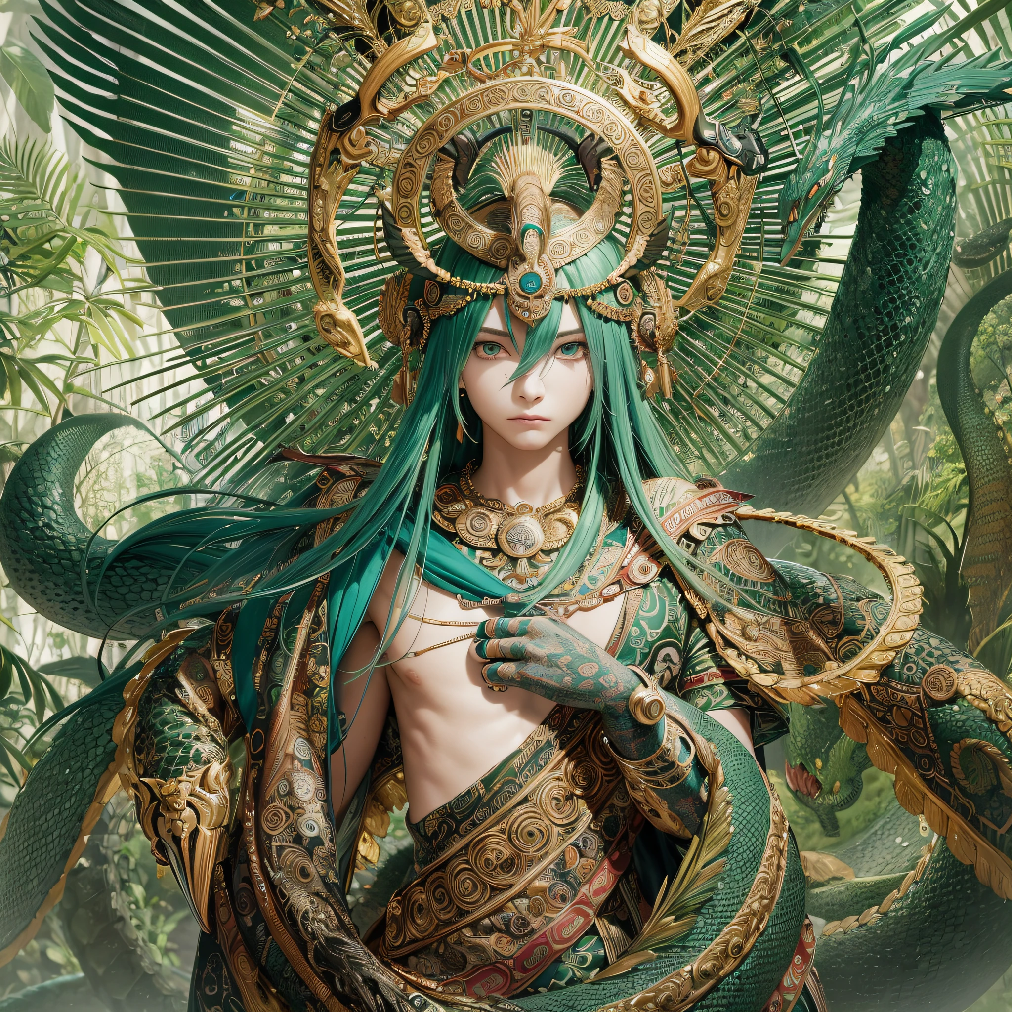 Masterpiece, best quality, {best quality}, {{masterpiece}}, {highres}, anime, 1boy, man, adult, Quetzalcoatl, Kukulkan, Serpent God, dragon, serpent, flying feathers, plumage, Aztec, blood --auto --s2